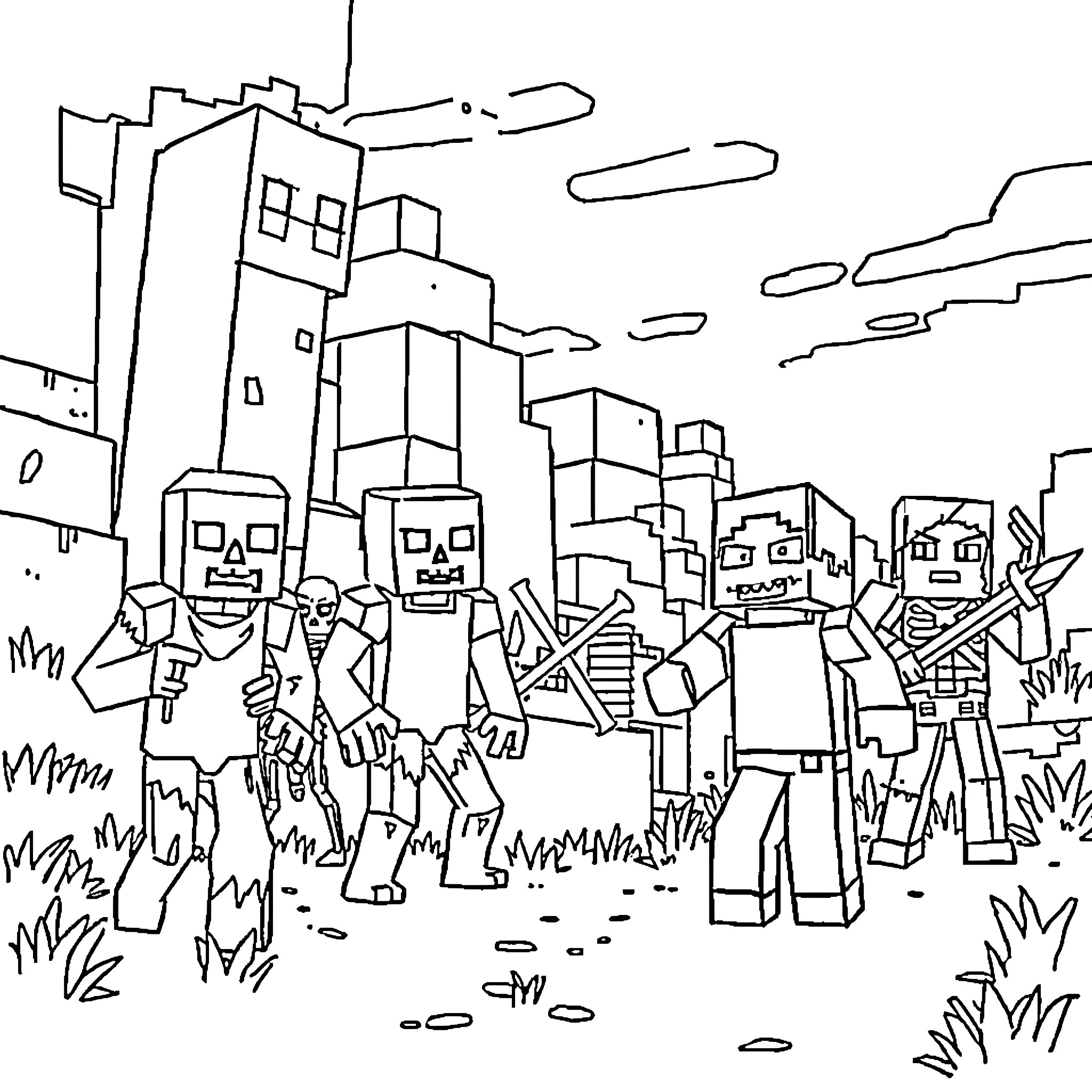 Minecraft characters exploring a surreal cityscape Coloring Page (free black-and-white line drawing printable PDF for all, from beginners to advanced learners, including children, teens, adults, and seniors)