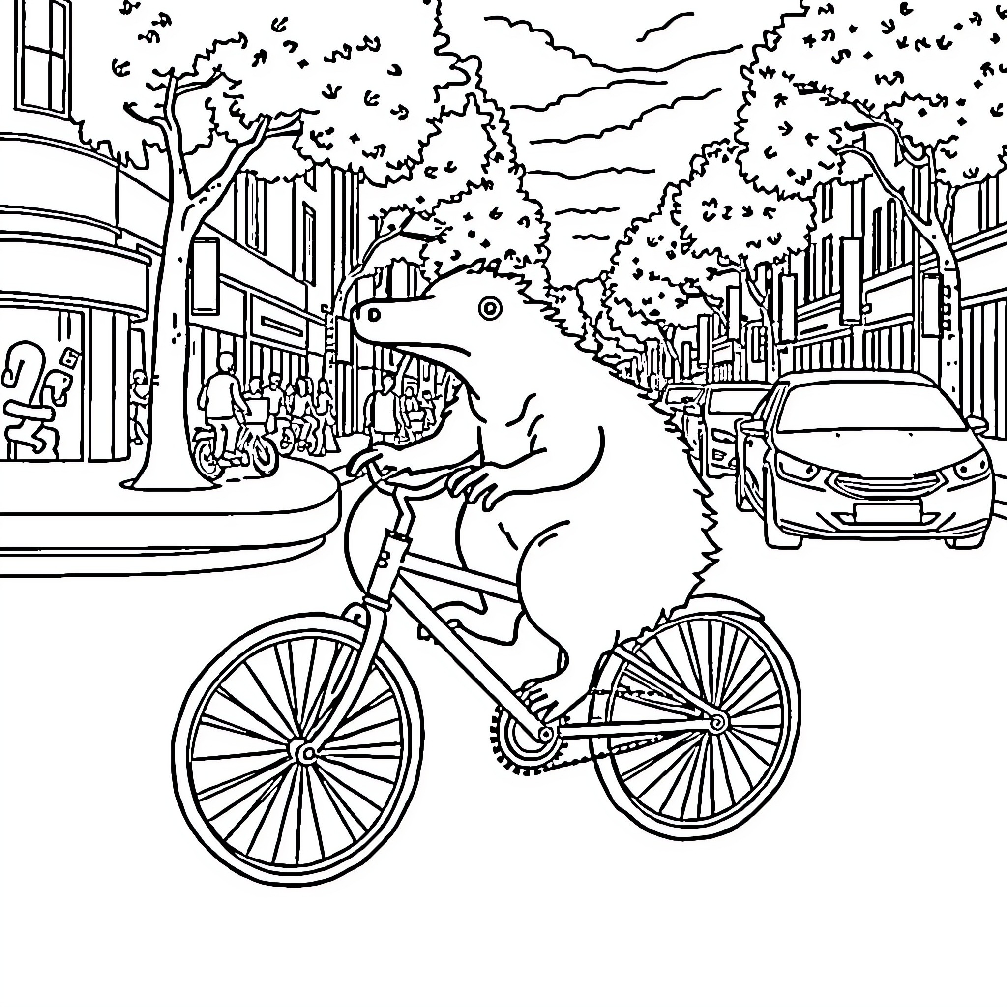 Platypus riding a bicycle through a bustling city street Coloring Page (free black-and-white line drawing printable PDF for all, from beginners to advanced learners, including children, teens, adults, and seniors)