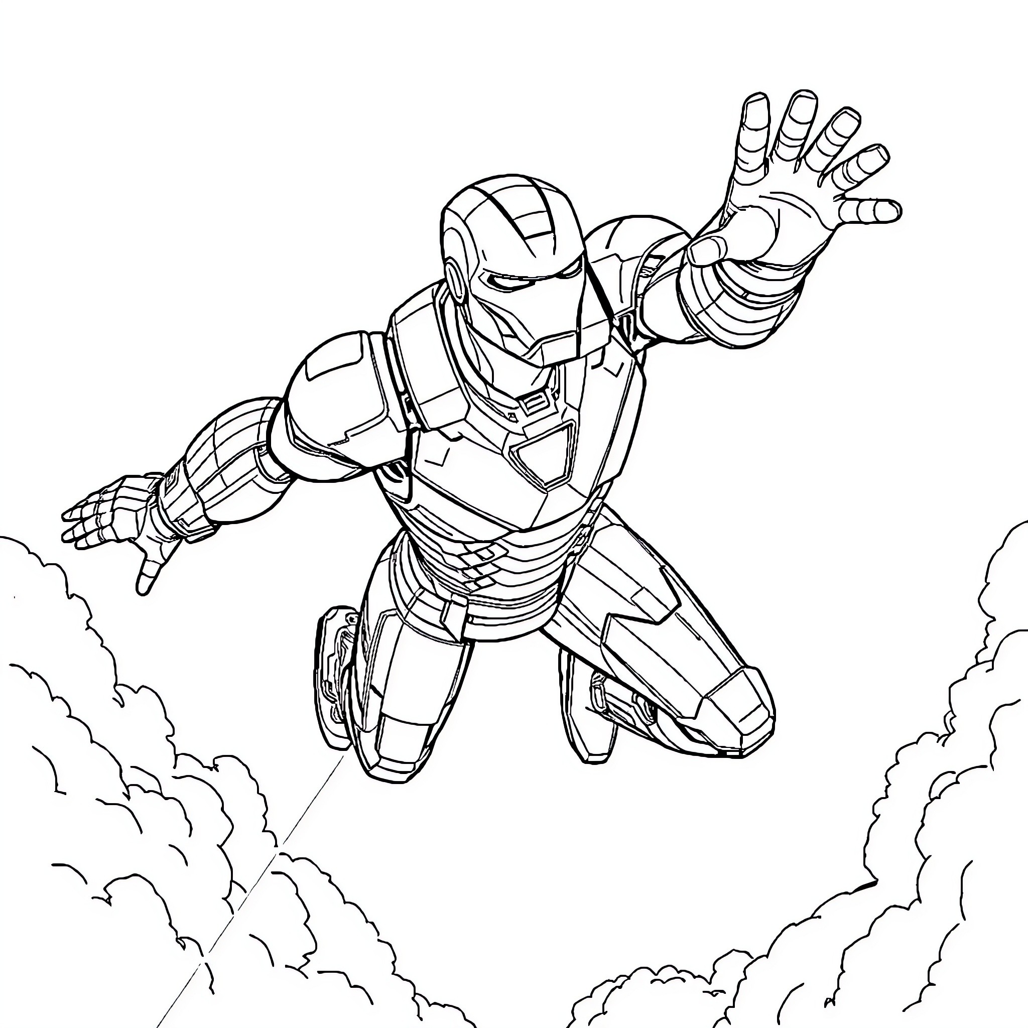 Ironman soaring through the skies in heroic action Coloring Page (free black-and-white line drawing printable PDF for all, from beginners to advanced learners, including children, teens, adults, and seniors)