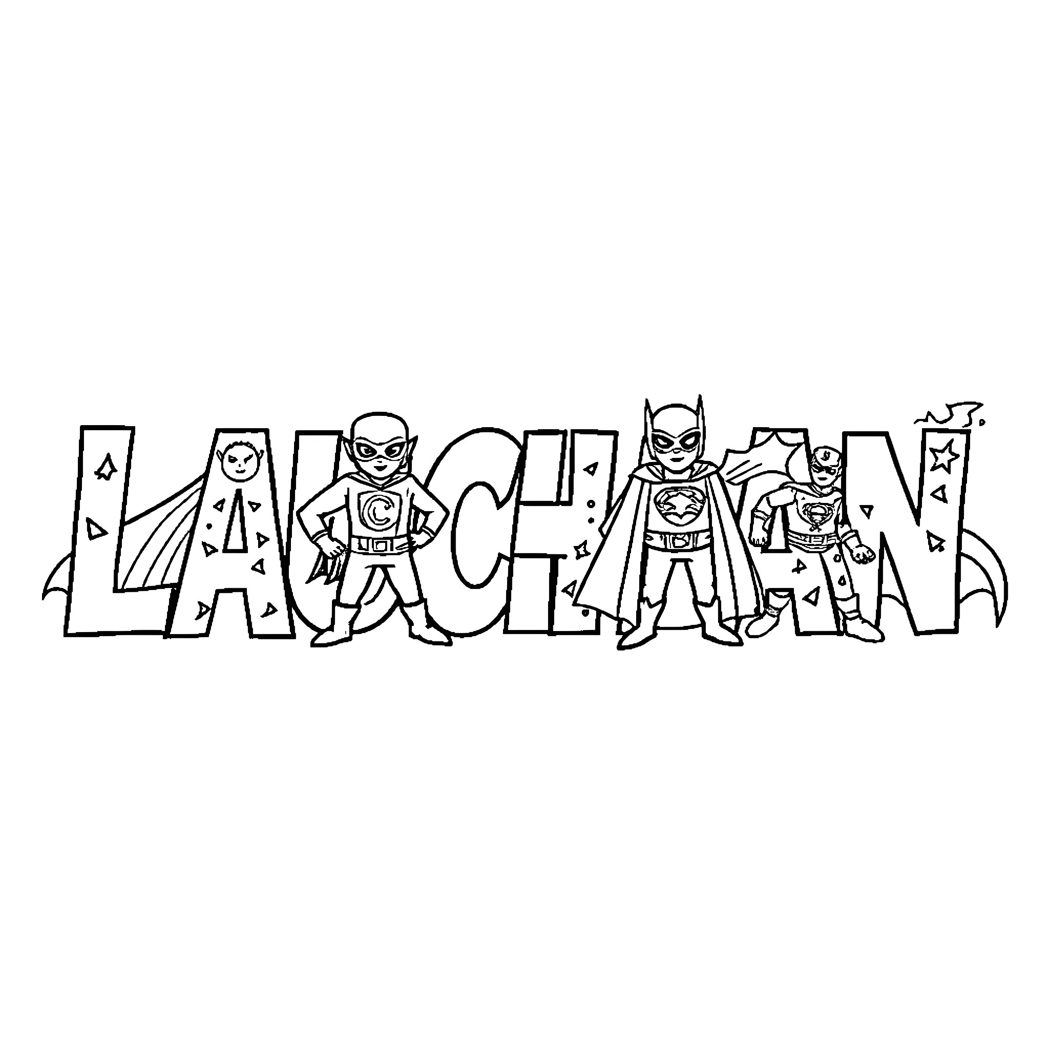 Letter Depicting Superheroes in Action Coloring Page (free black-and-white line drawing printable PDF for all, from beginners to advanced learners, including children, teens, adults, and seniors)