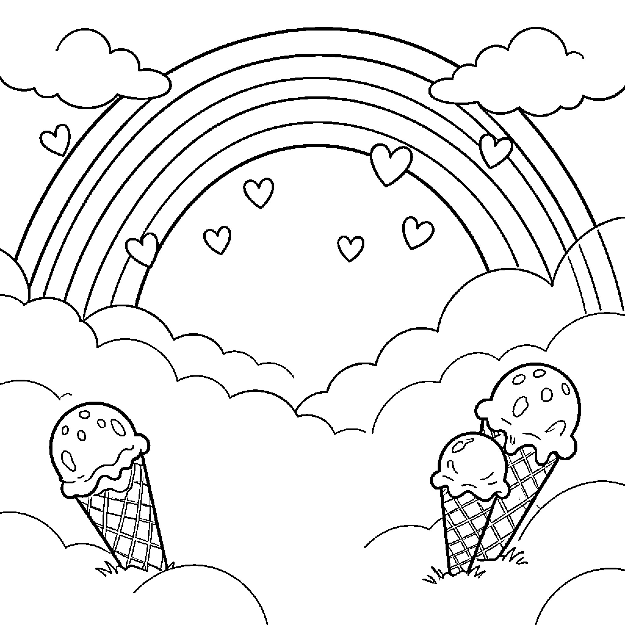 Heart shapes floating near a rainbow and ice cream Coloring Page (free black-and-white line drawing printable PDF for all, from beginners to advanced learners, including children, teens, adults, and seniors)