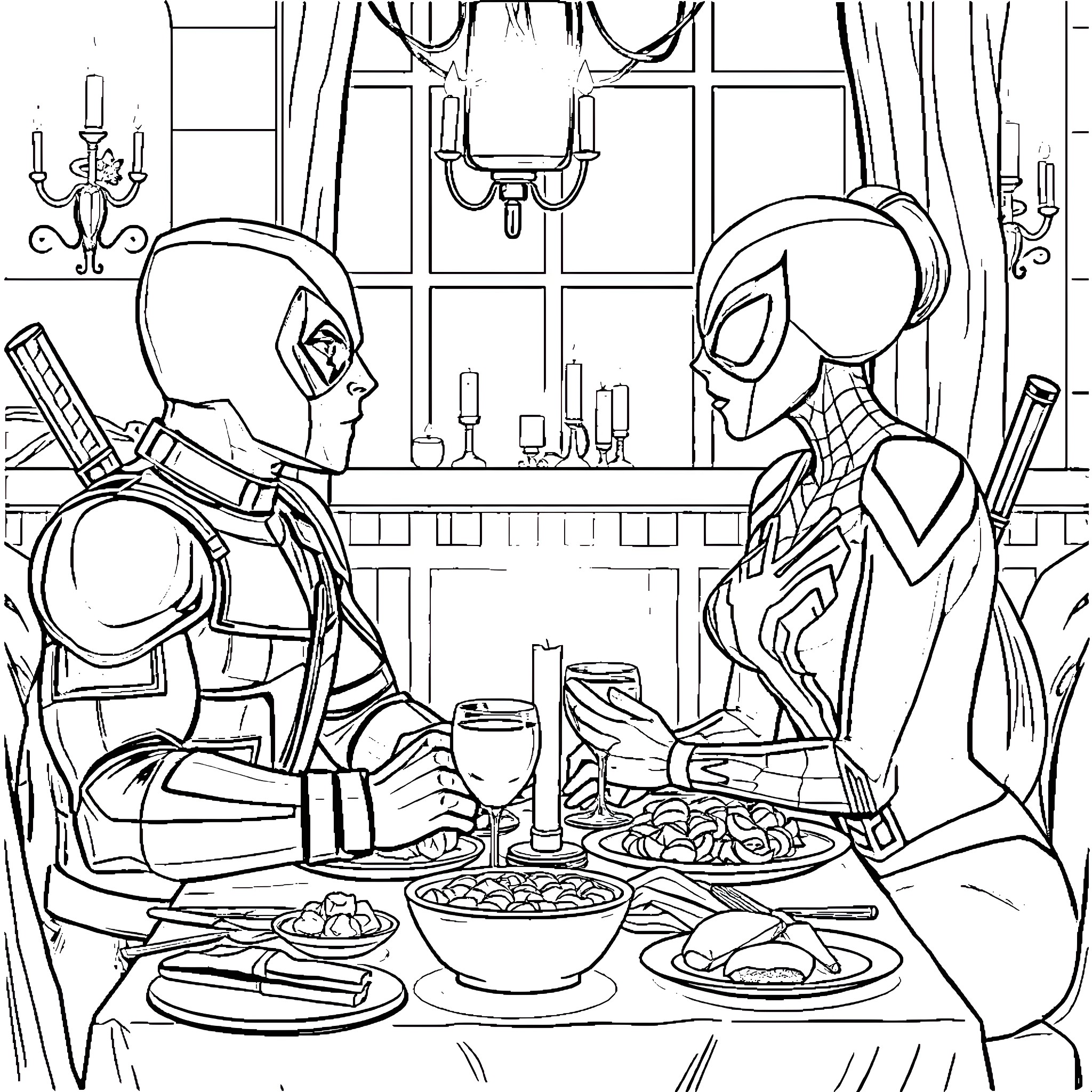Deadpool enjoying a fancy dinner with Spider-Man Coloring Page (free black-and-white line drawing printable PDF for all, from beginners to advanced learners, including children, teens, adults, and seniors)