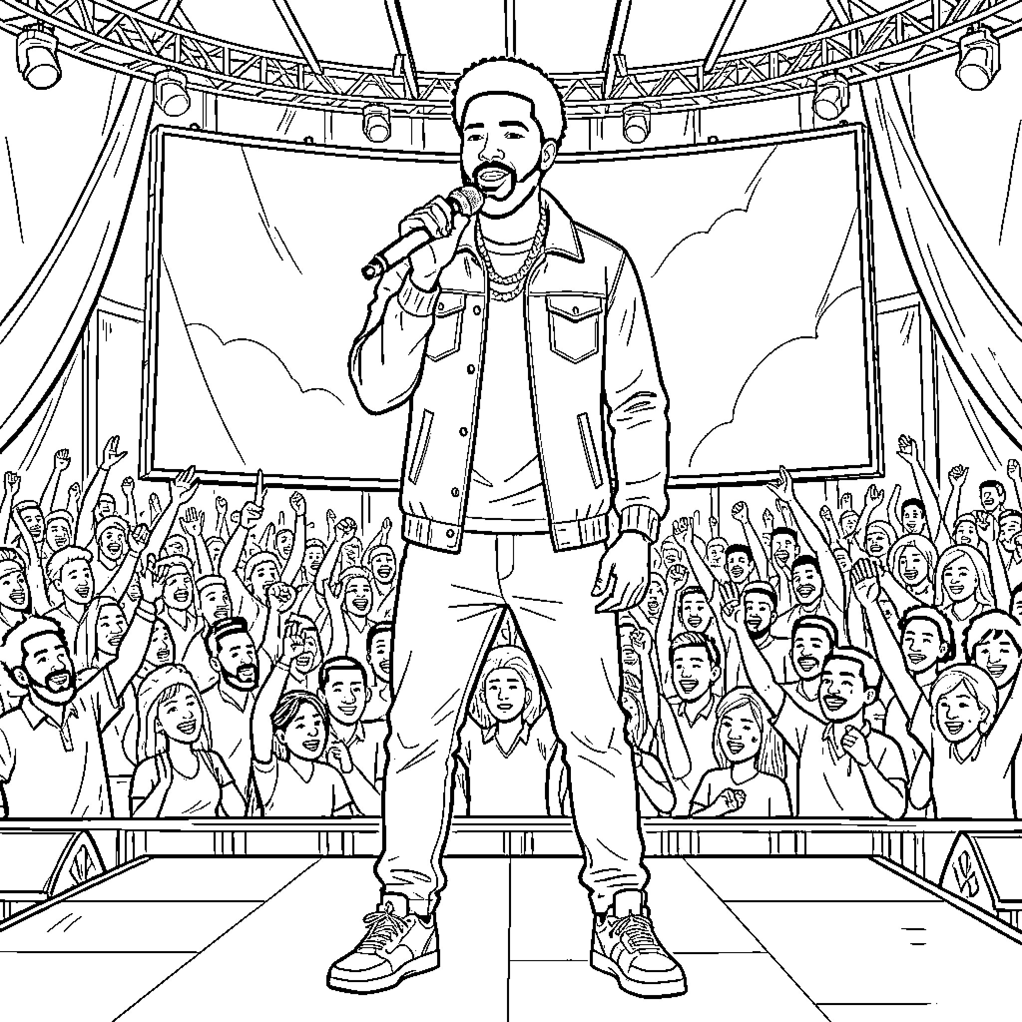 Davido performing on stage for a cheering crowd Coloring Page (free black-and-white line drawing printable PDF for all, from beginners to advanced learners, including children, teens, adults, and seniors)