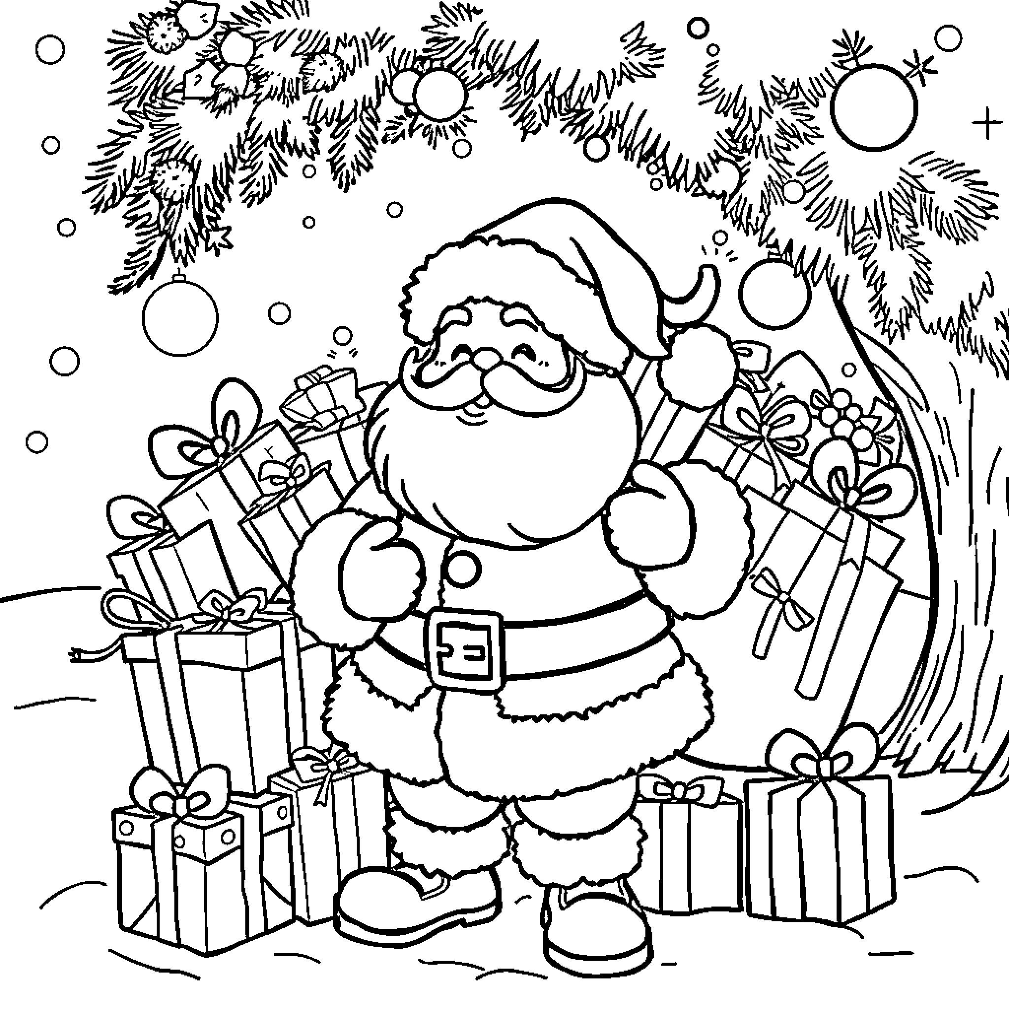 Santa Claus surrounded by gifts and Christmas trees Coloring Page (free black-and-white line drawing printable PDF for all, from beginners to advanced learners, including children, teens, adults, and seniors)