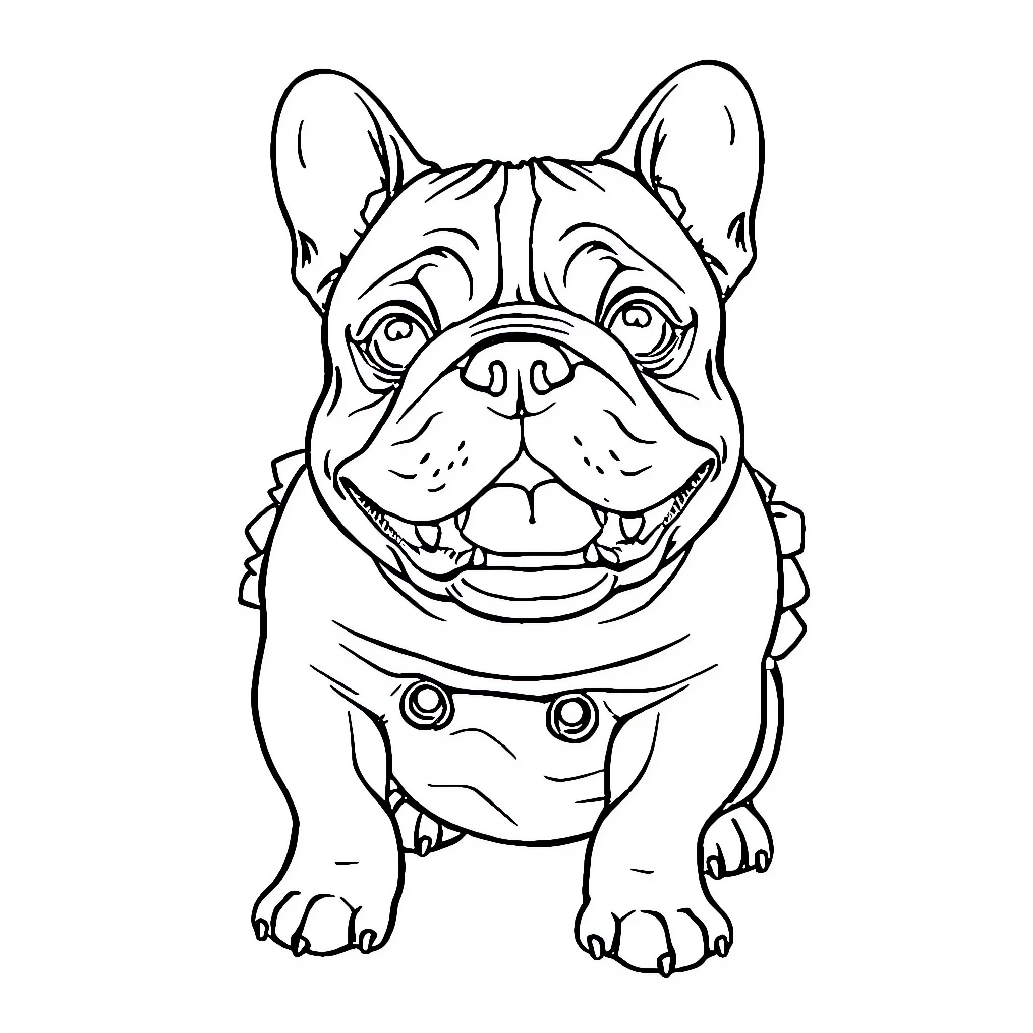 Bulldog with a cheerful expression Coloring Page (free black-and-white line drawing printable PDF for all, from beginners to advanced learners, including children, teens, adults, and seniors)