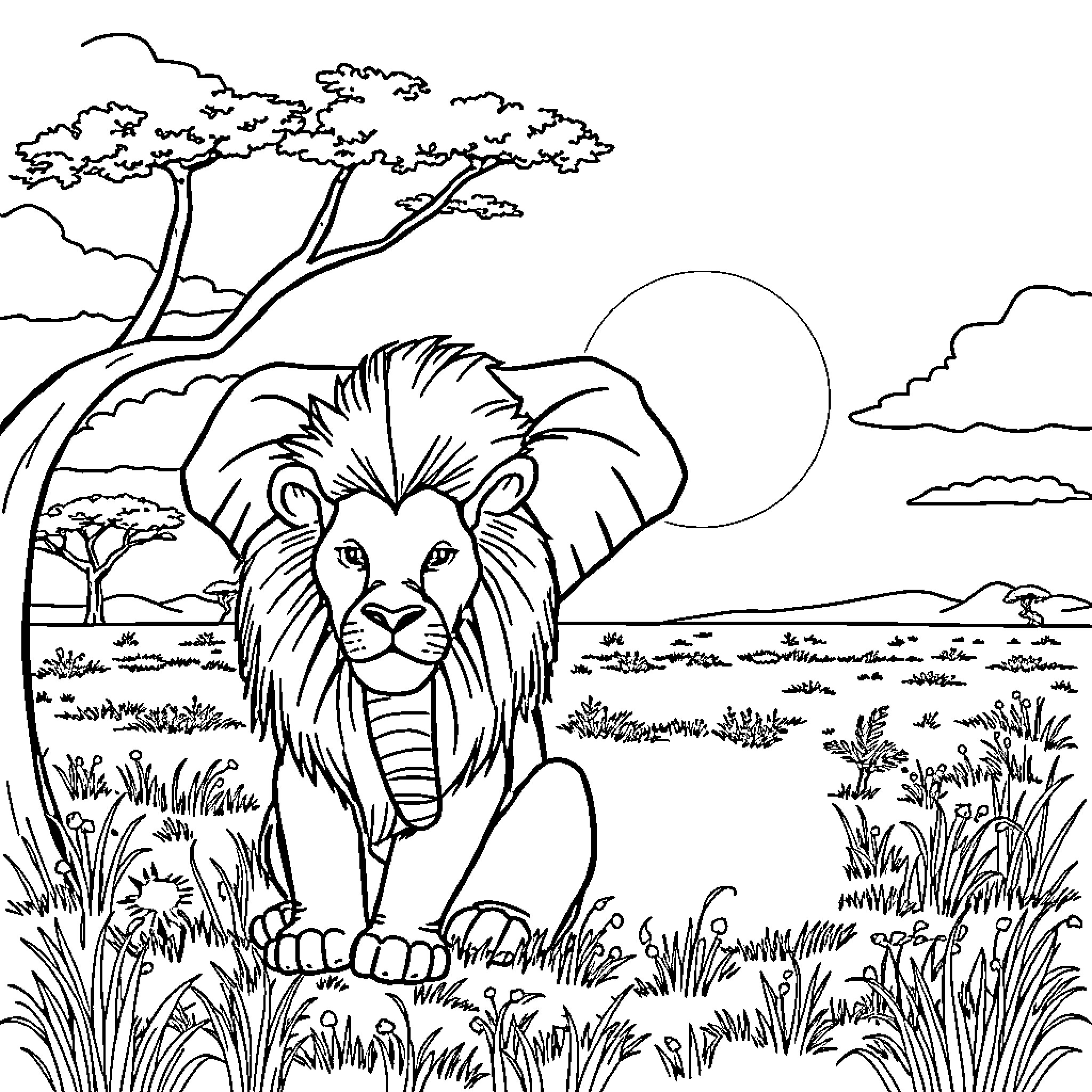 Lion in the Savanna Landscape Coloring Page (free black-and-white line drawing printable PDF for all, from beginners to advanced learners, including children, teens, adults, and seniors)
