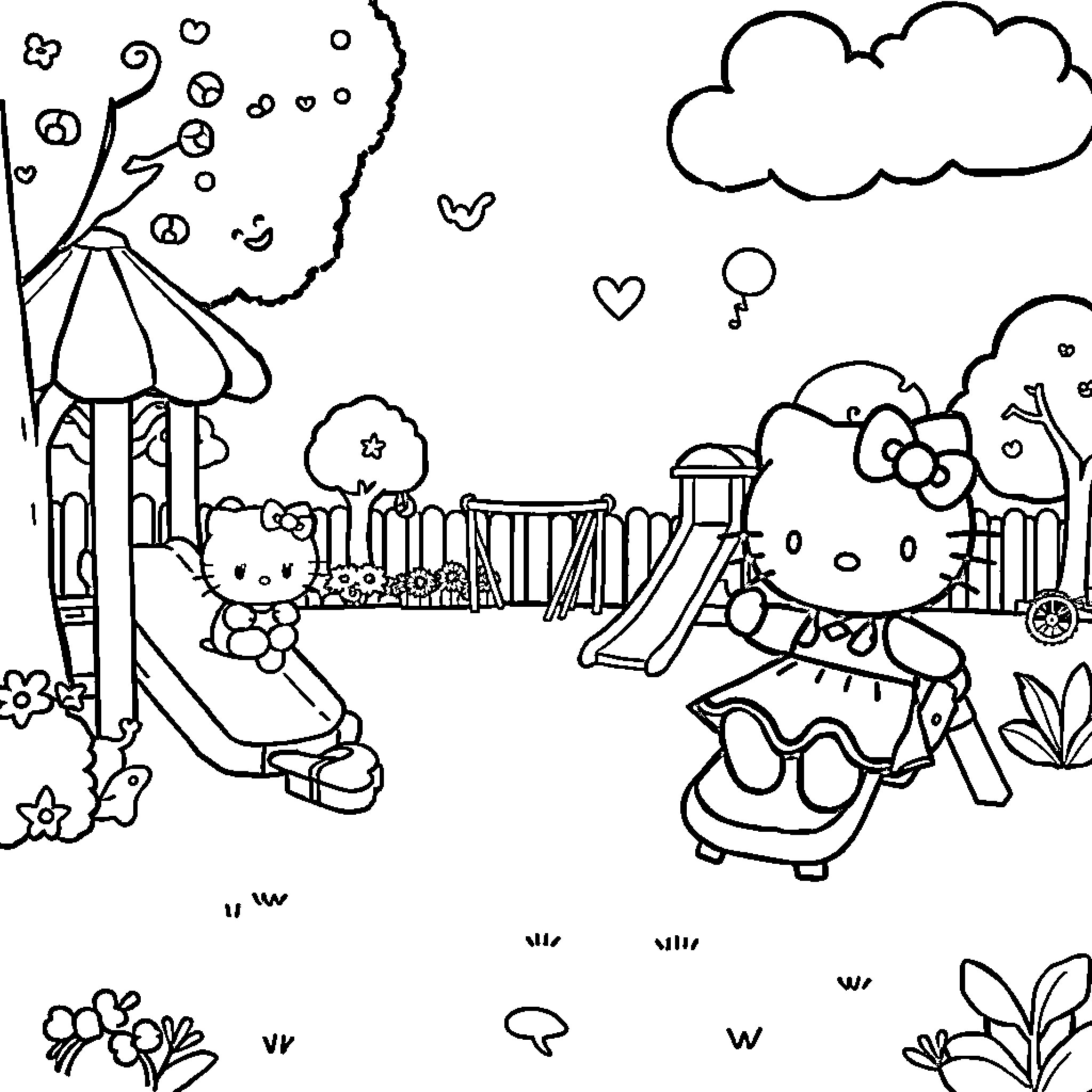 Hello Kitty playing on the playground Coloring Page (free black-and-white line drawing printable PDF for all, from beginners to advanced learners, including children, teens, adults, and seniors)