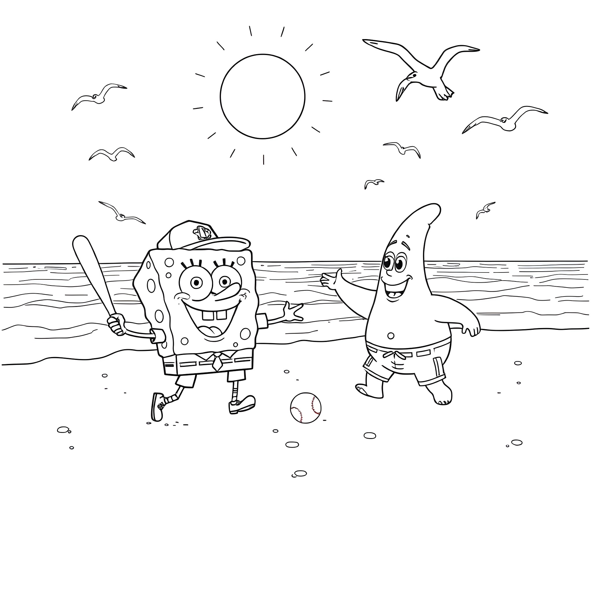 Spongebob and Patrick playing on the beach Coloring Page (free black-and-white line drawing printable PDF for all, from beginners to advanced learners, including children, teens, adults, and seniors)