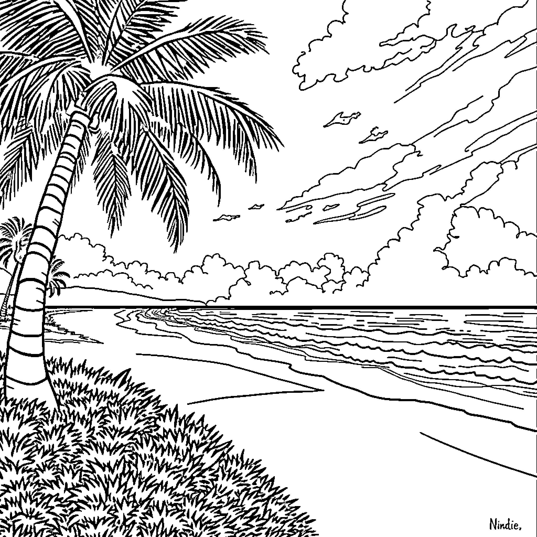 Palm Tree Tropical Beach Landscape in Black and White Coloring Page (free black-and-white line drawing printable PDF for all, from beginners to advanced learners, including children, teens, adults, and seniors)