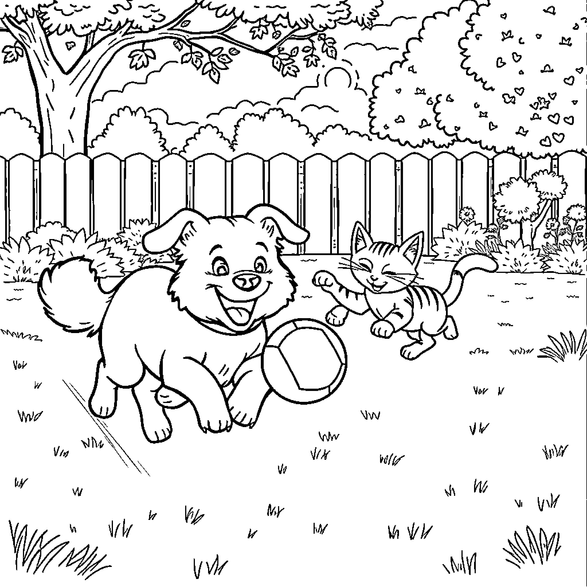 Dog and cat playing in the backyard Coloring Page (free black-and-white line drawing printable PDF for all, from beginners to advanced learners, including children, teens, adults, and seniors)