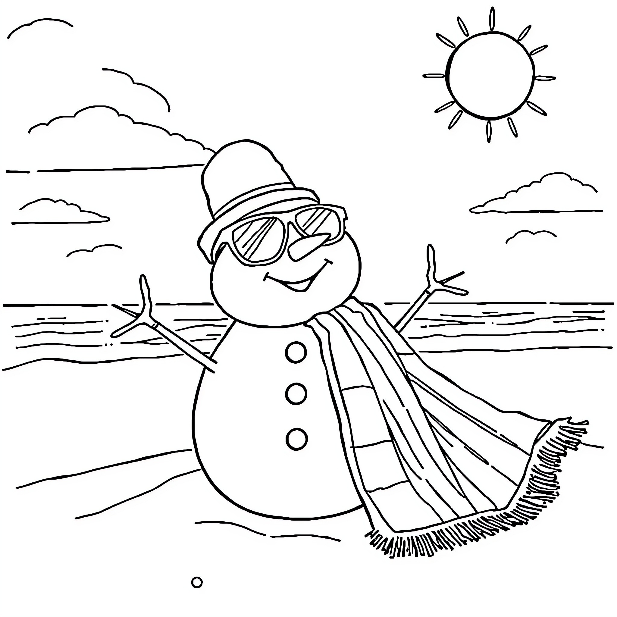 Snowman enjoying the beach with sunglasses Coloring Page (free black-and-white line drawing printable PDF for all, from beginners to advanced learners, including children, teens, adults, and seniors)