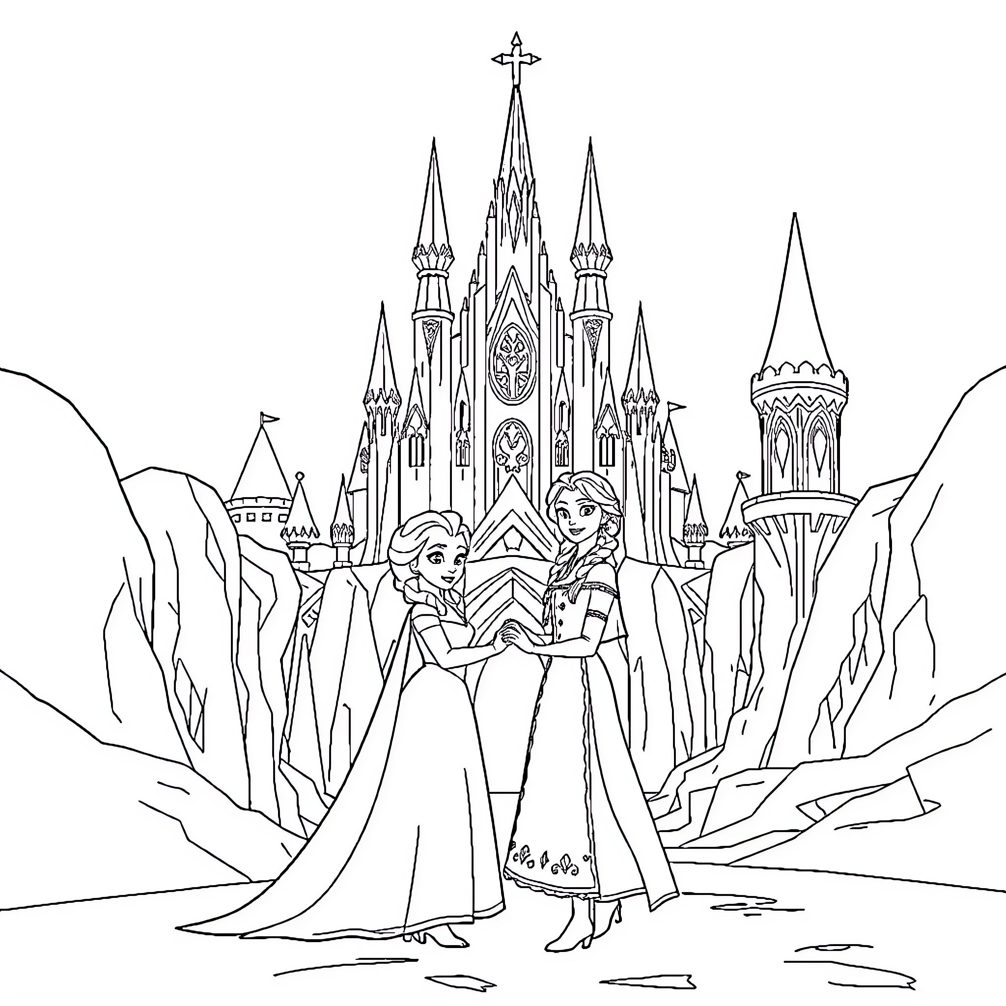 Elsa and Anna admiring the magical castle Coloring Page (free black-and-white line drawing printable PDF for all, from beginners to advanced learners, including children, teens, adults, and seniors)