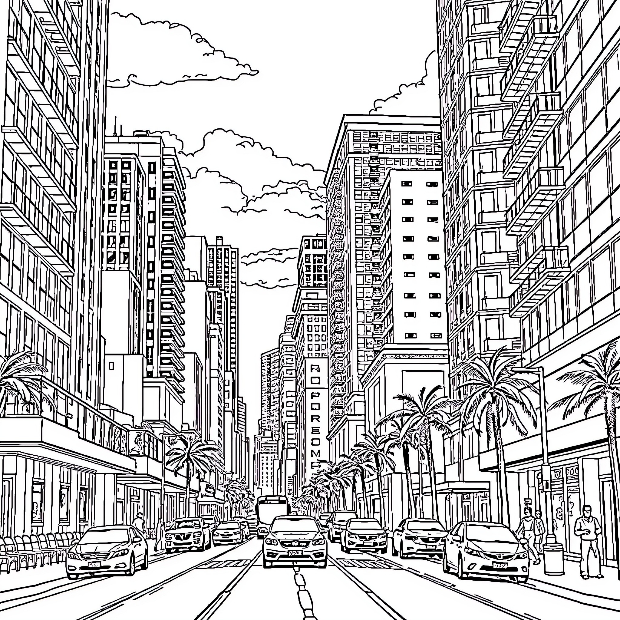 Miami cityscape with high-rise buildings and traffic Coloring Page (free black-and-white line drawing printable PDF for all, from beginners to advanced learners, including children, teens, adults, and seniors)