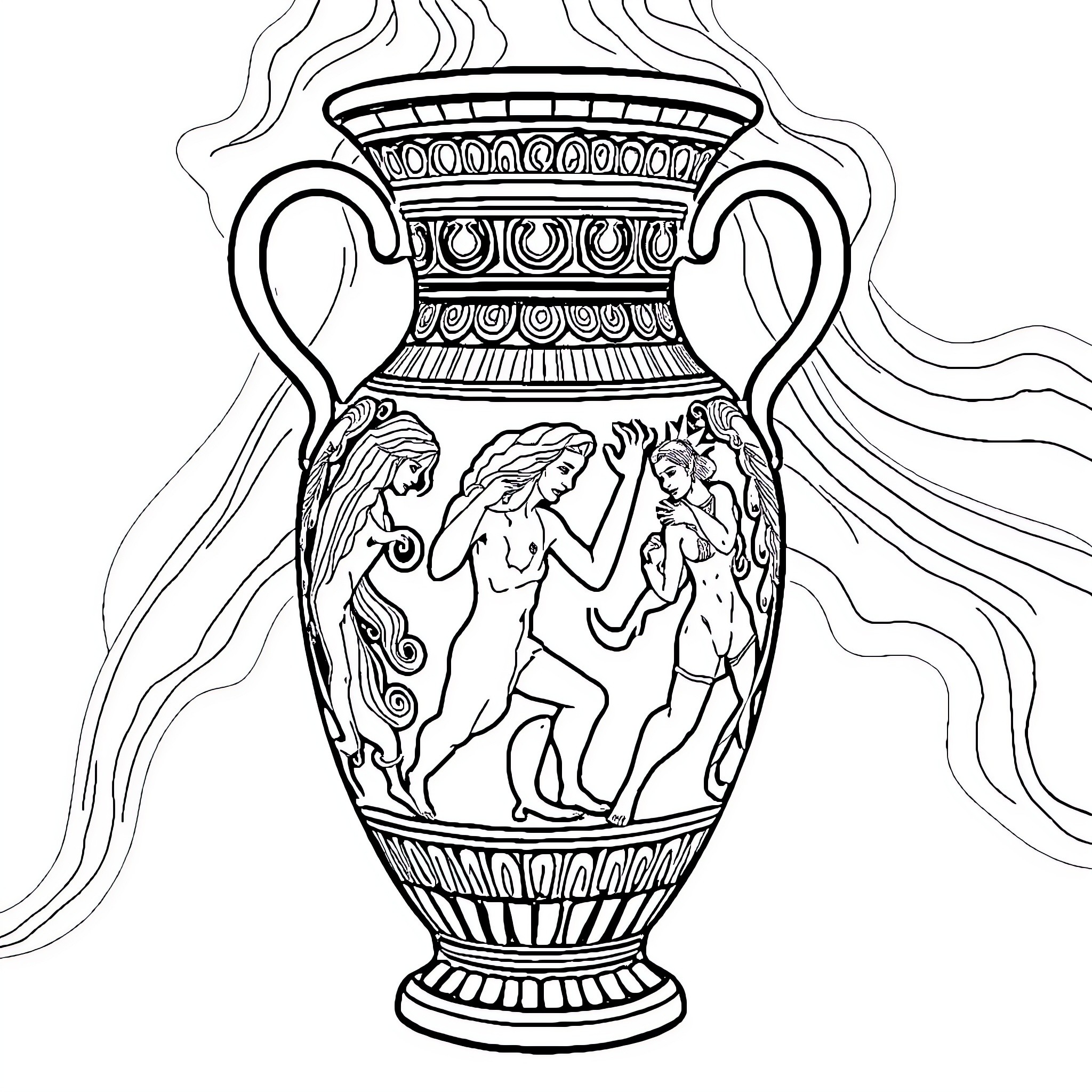 Vase with ancient Greek figures Coloring Page (free black-and-white line drawing printable PDF for all, from beginners to advanced learners, including children, teens, adults, and seniors)