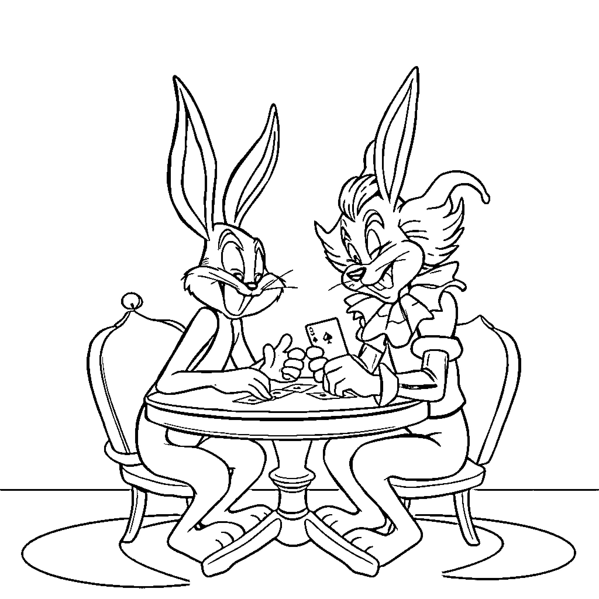 Bugs Bunny and Daffy Duck playing cards at the table Coloring Page (free black-and-white line drawing printable PDF for all, from beginners to advanced learners, including children, teens, adults, and seniors)