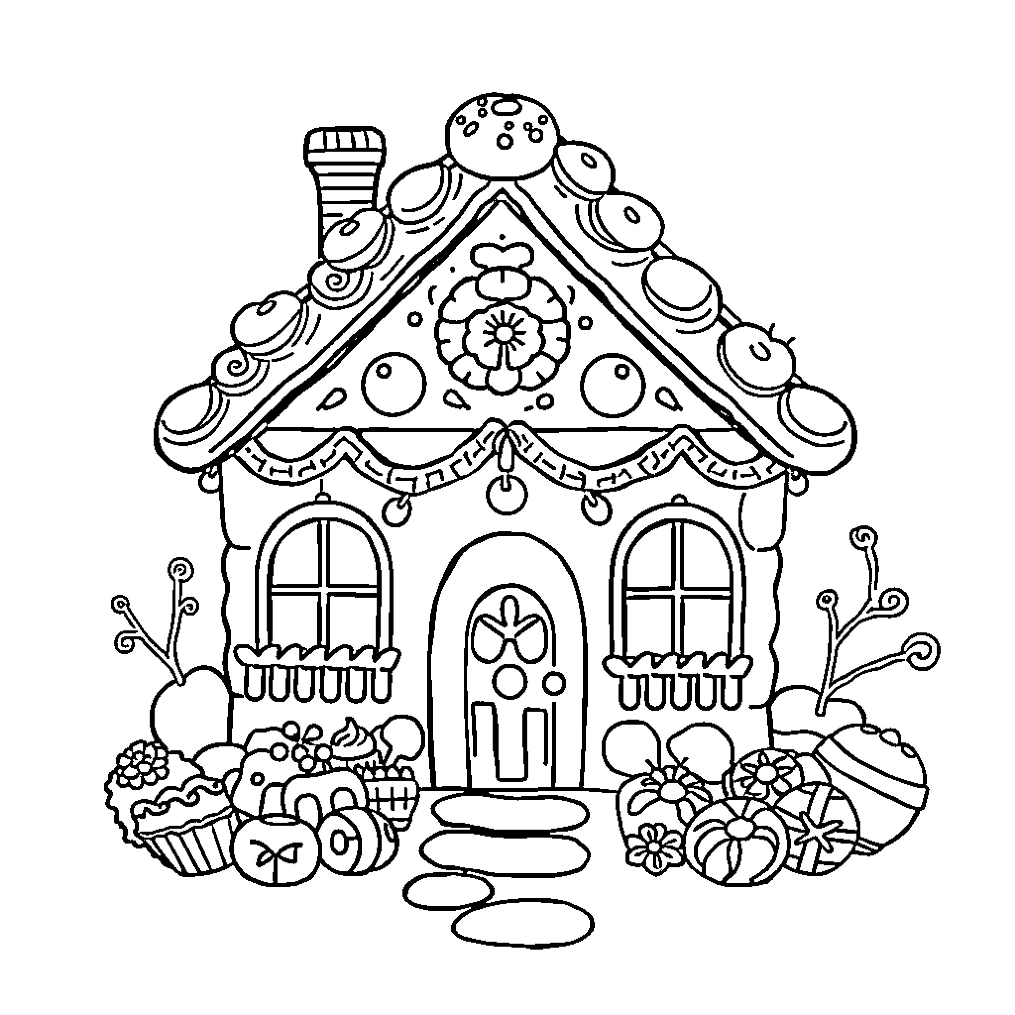Gingerbread House with Decorative Elements and Treats Coloring Page (free black-and-white line drawing printable PDF for all, from beginners to advanced learners, including children, teens, adults, and seniors)