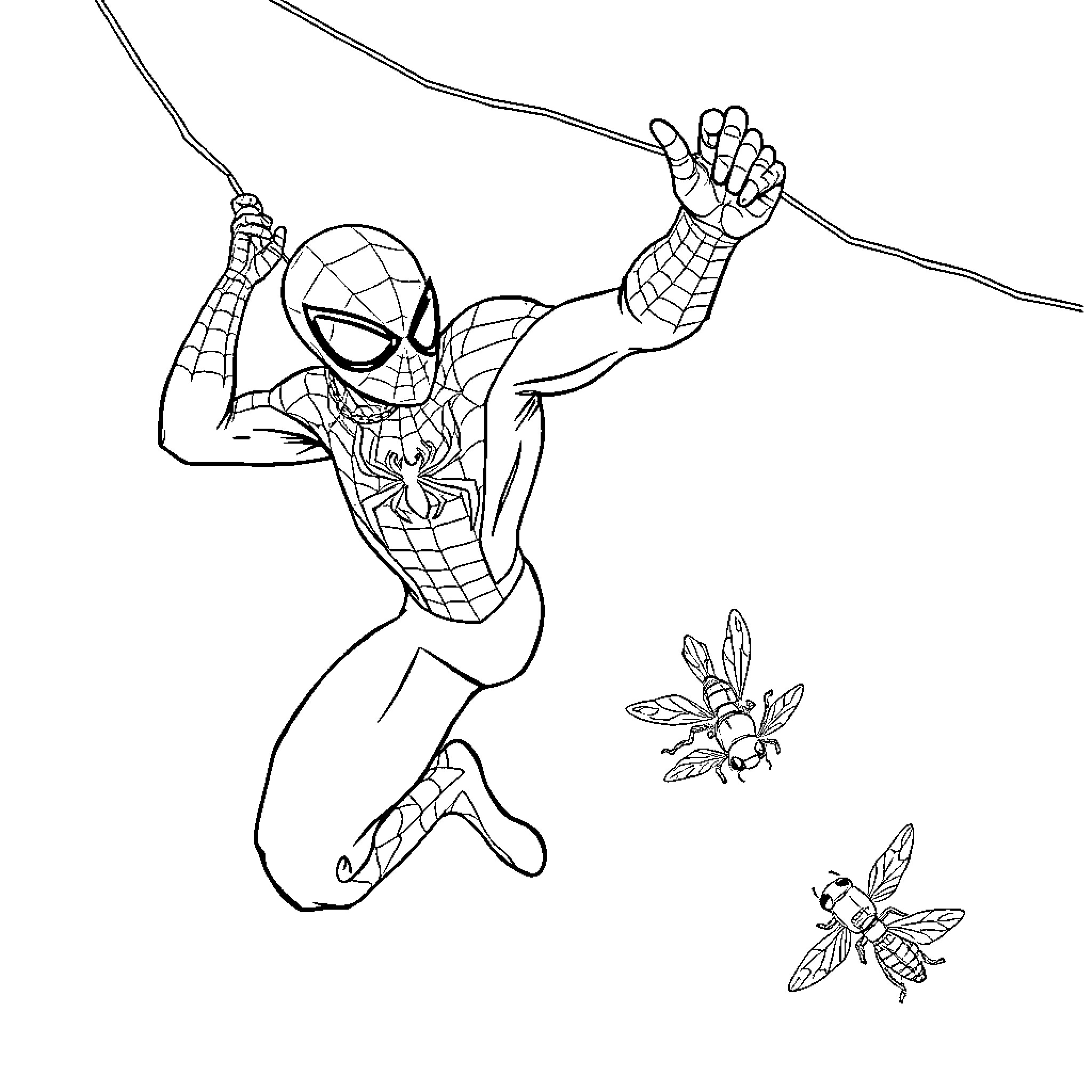 Spiderman swinging and battling insects Coloring Page (free black-and-white line drawing printable PDF for all, from beginners to advanced learners, including children, teens, adults, and seniors)