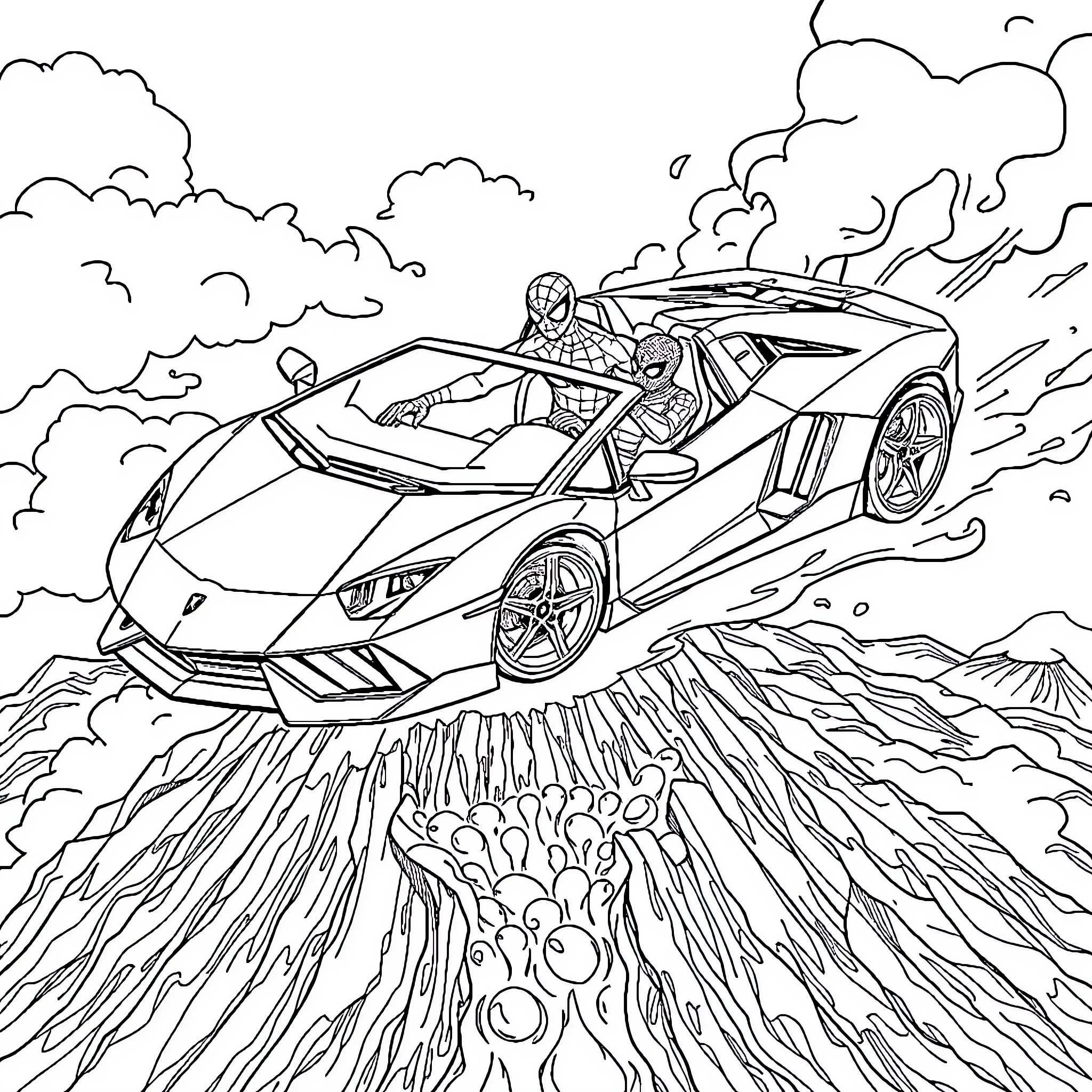 Spider-themed sports car racing through a fantastical landscape Coloring Page (free black-and-white line drawing printable PDF for all, from beginners to advanced learners, including children, teens, adults, and seniors)
