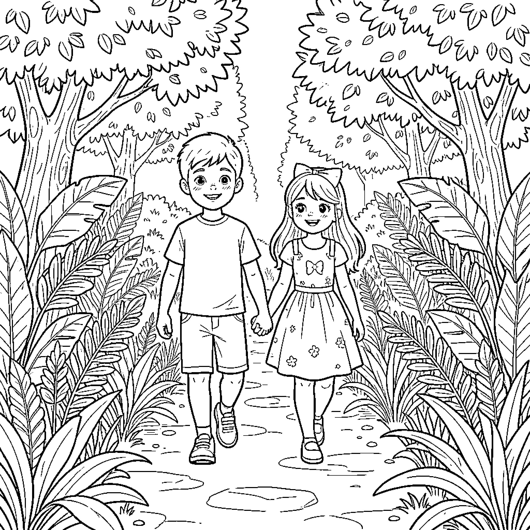 Child Exploring the Whimsical Forest Path Coloring Page (free black-and-white line drawing printable PDF for all, from beginners to advanced learners, including children, teens, adults, and seniors)