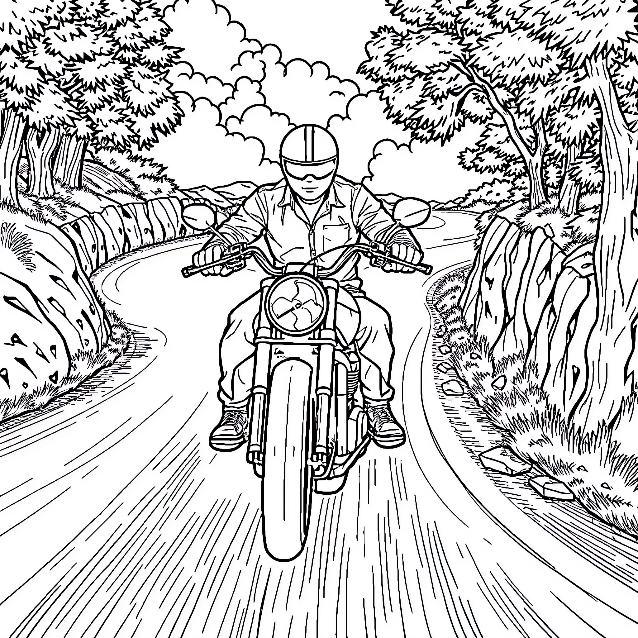 Marcus riding motorcycle through scenic forest path Coloring Page (free black-and-white line drawing printable PDF for all, from beginners to advanced learners, including children, teens, adults, and seniors)