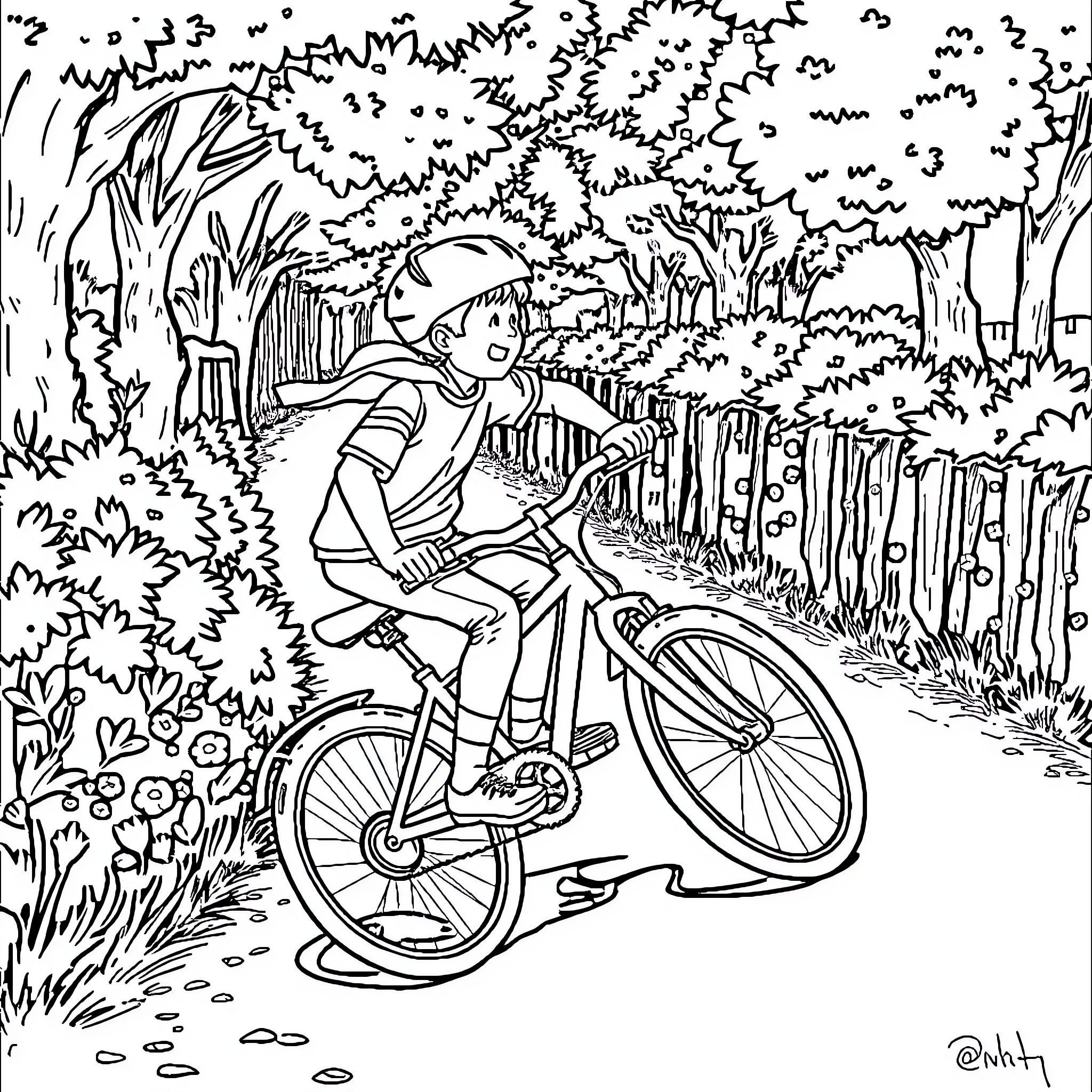 Boy Riding Bicycle Through Nature Trail Coloring Page (free black-and-white line drawing printable PDF for all, from beginners to advanced learners, including children, teens, adults, and seniors)