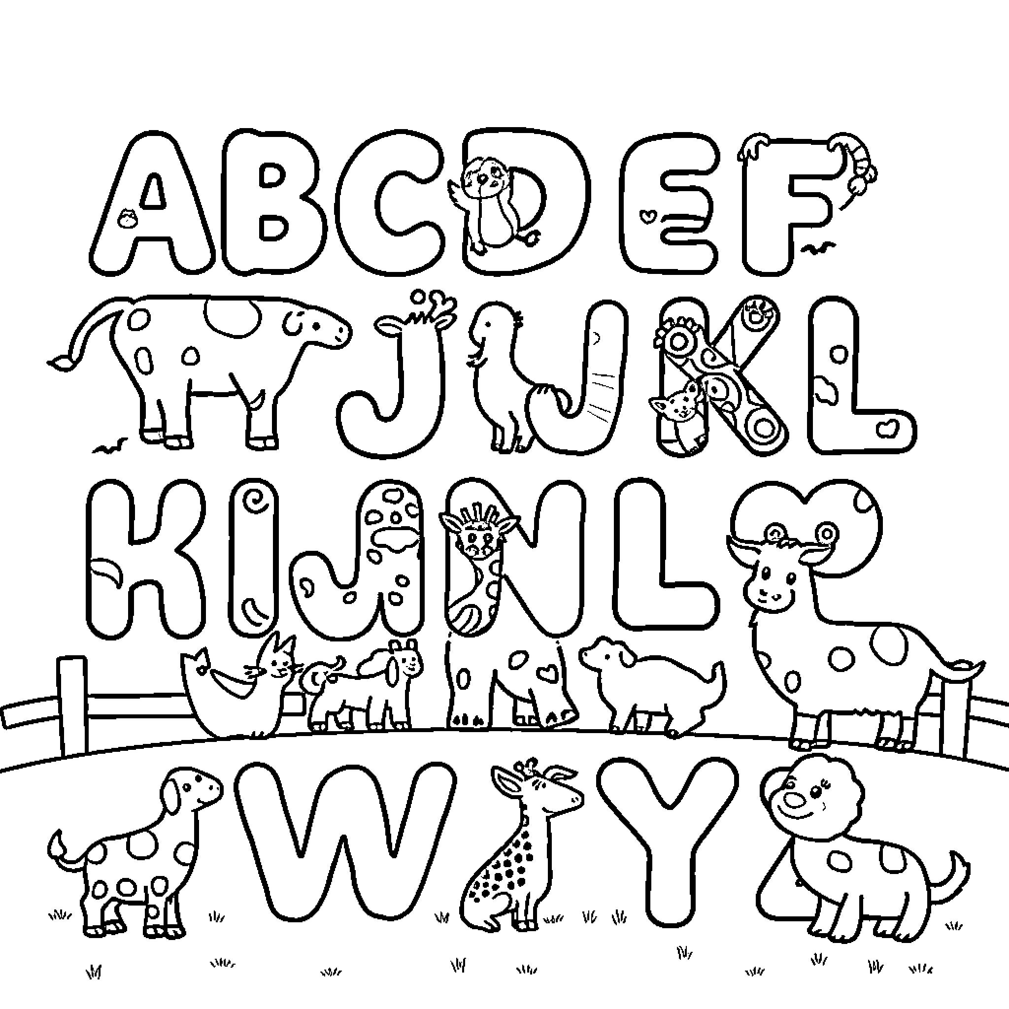 Animal alphabet letters with cute cartoon creatures Coloring Page (free black-and-white line drawing printable PDF for all, from beginners to advanced learners, including children, teens, adults, and seniors)