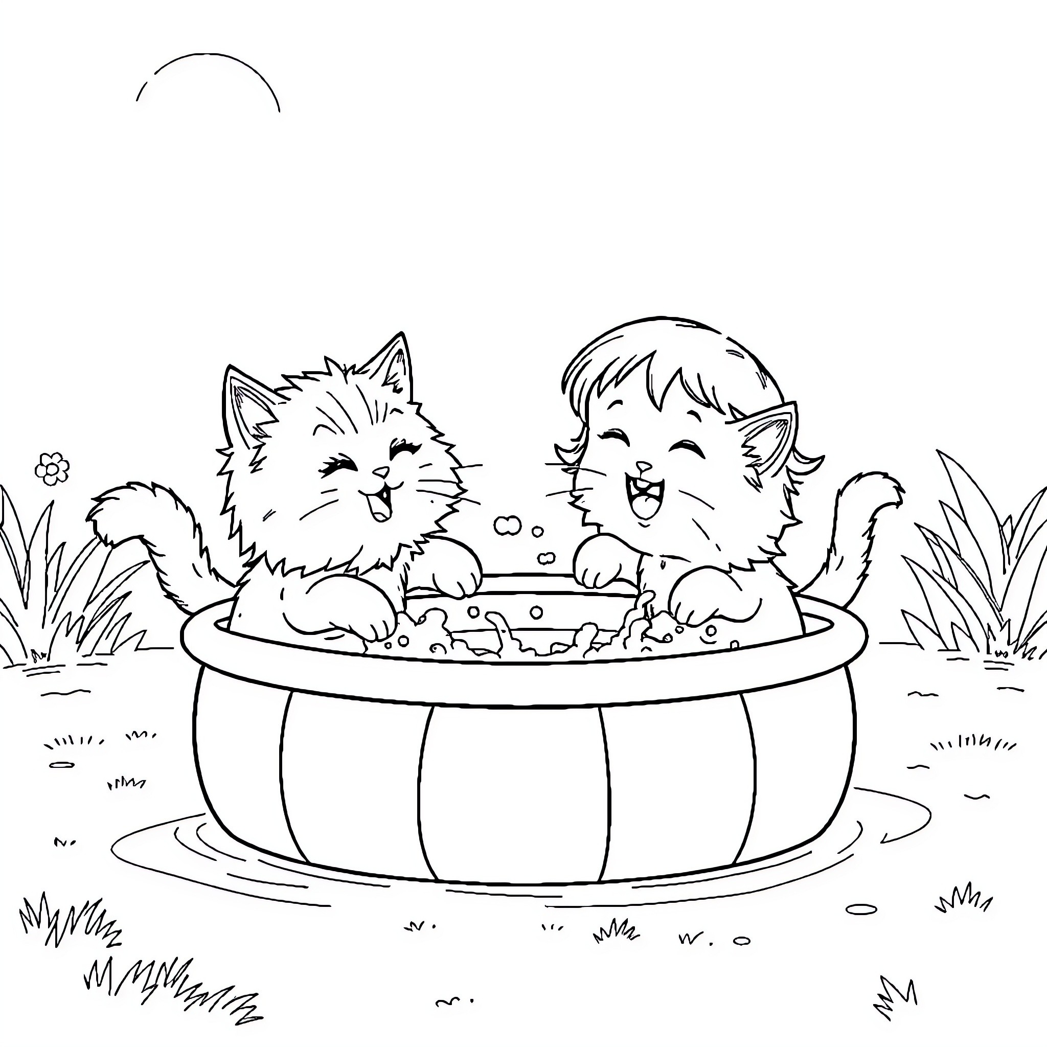 Cat and child enjoying bath time outdoors Coloring Page (free black-and-white line drawing printable PDF for all, from beginners to advanced learners, including children, teens, adults, and seniors)