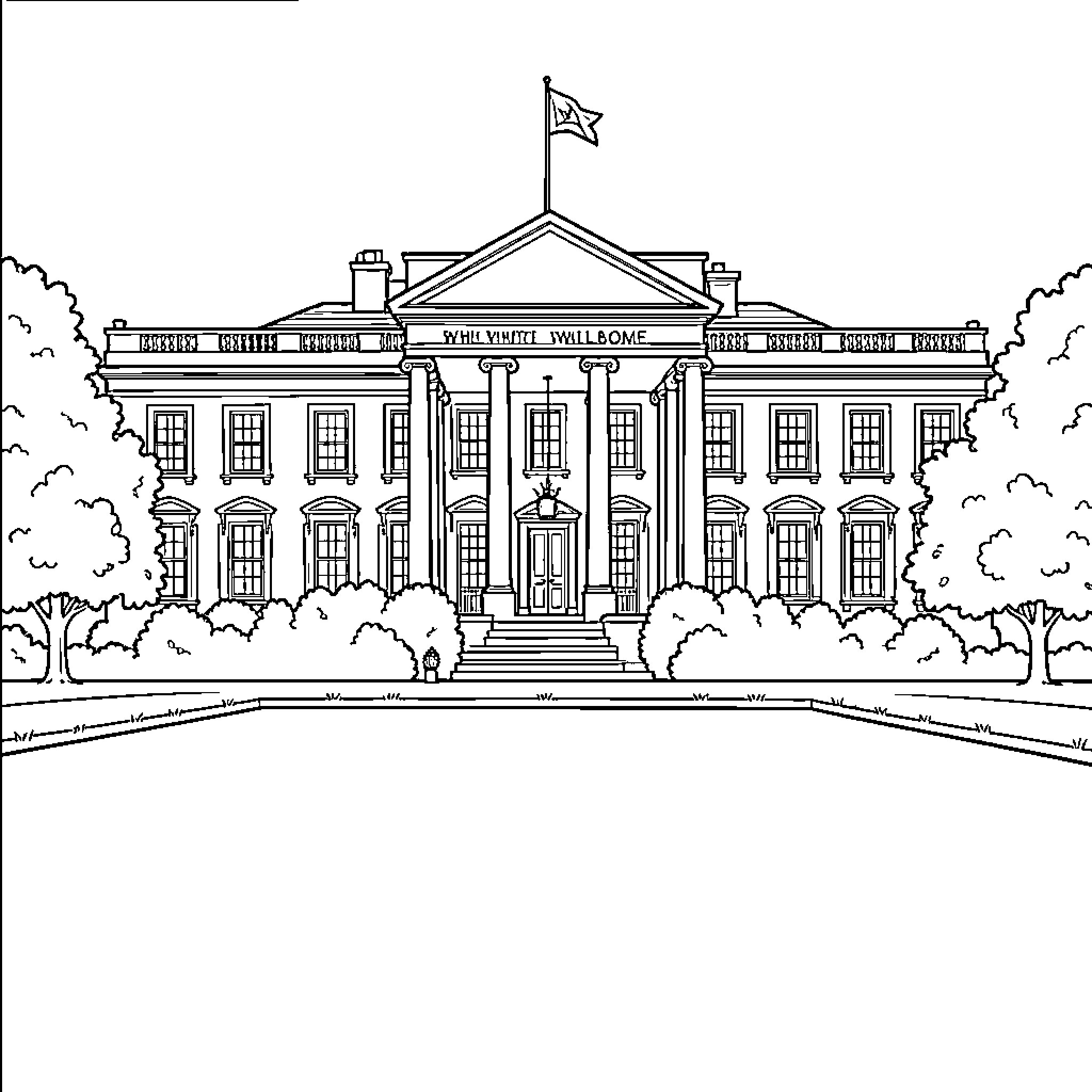 White House standing grandly behind a wide lawn Coloring Page (free black-and-white line drawing printable PDF for all, from beginners to advanced learners, including children, teens, adults, and seniors)