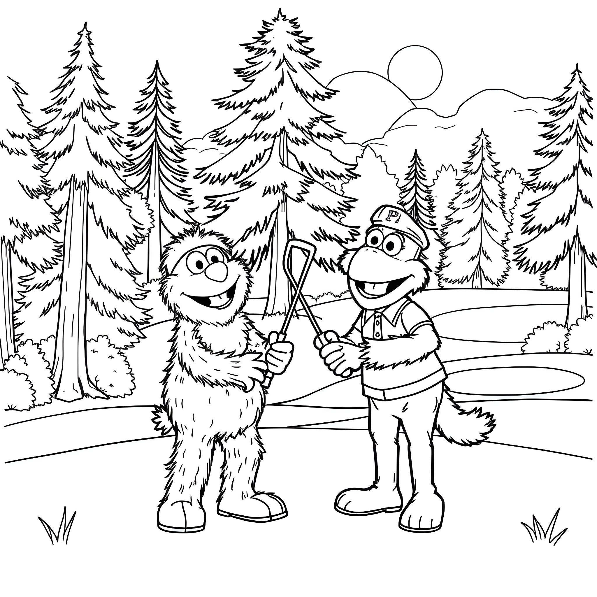 Gritty Forest Friends Enjoying Adventure Coloring Page (free black-and-white line drawing printable PDF for all, from beginners to advanced learners, including children, teens, adults, and seniors)