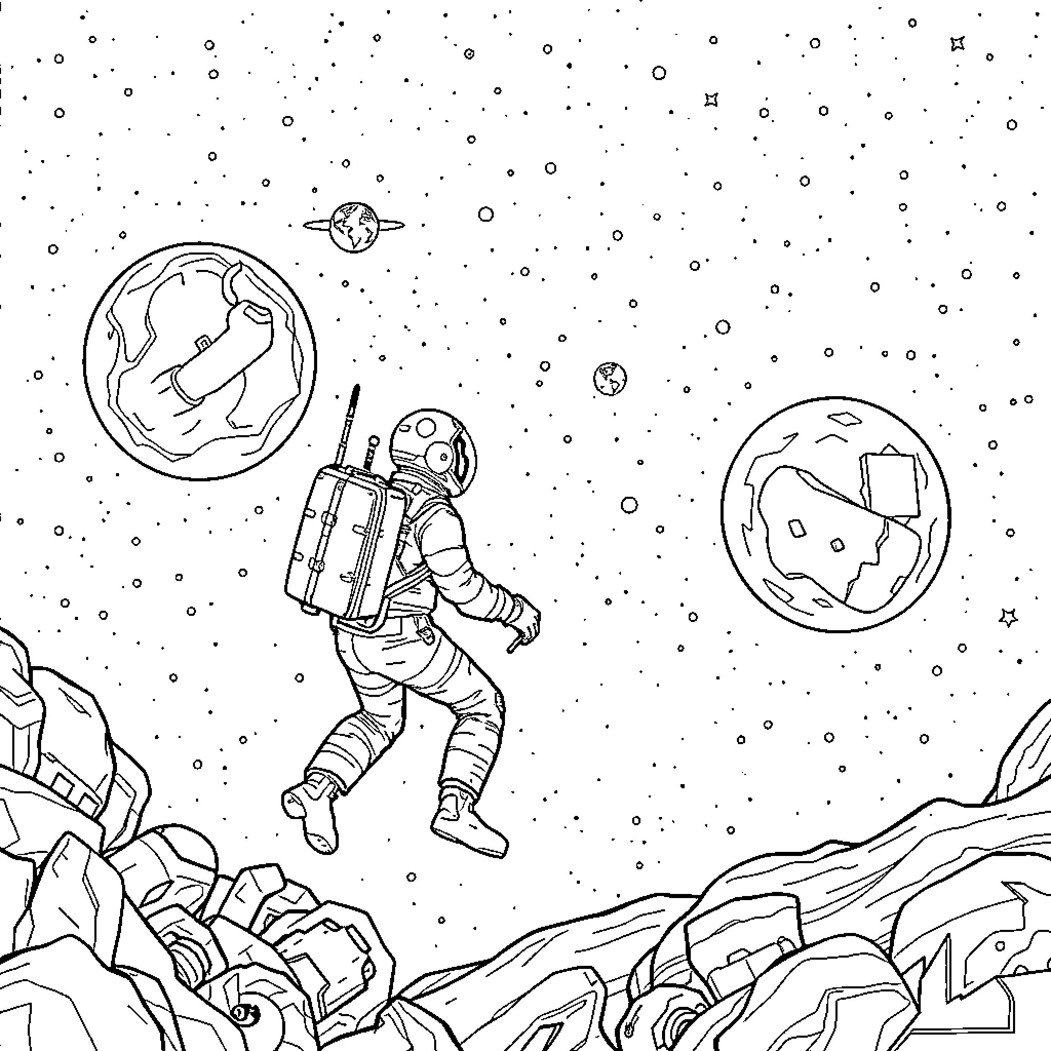 Expedition through the Cosmic Expanse Coloring Page (free black-and-white line drawing printable PDF for all, from beginners to advanced learners, including children, teens, adults, and seniors)