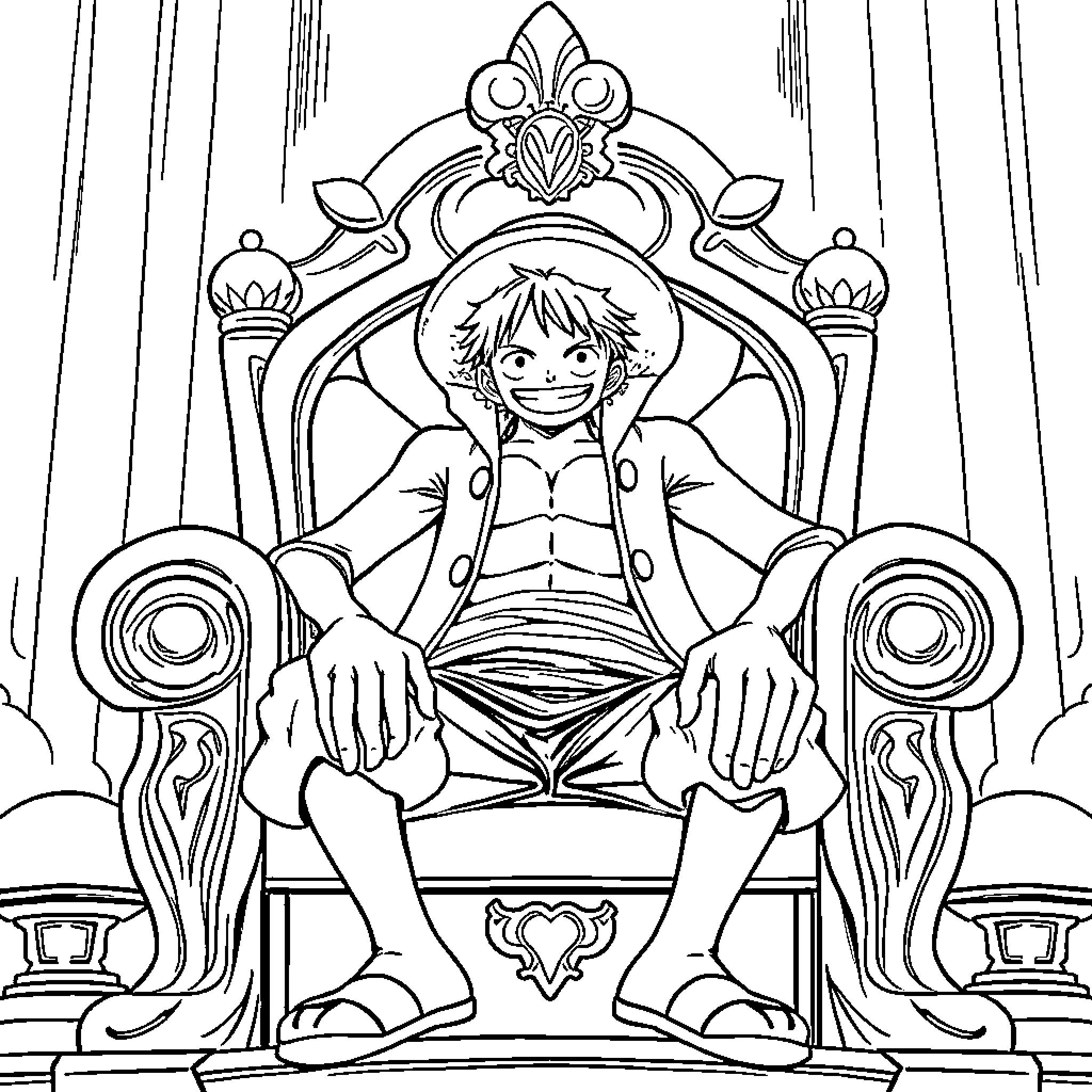 Luffy's Regal Throne: A Pirate King's Majestic Moment Coloring Page (free black-and-white line drawing printable PDF for all, from beginners to advanced learners, including children, teens, adults, and seniors)