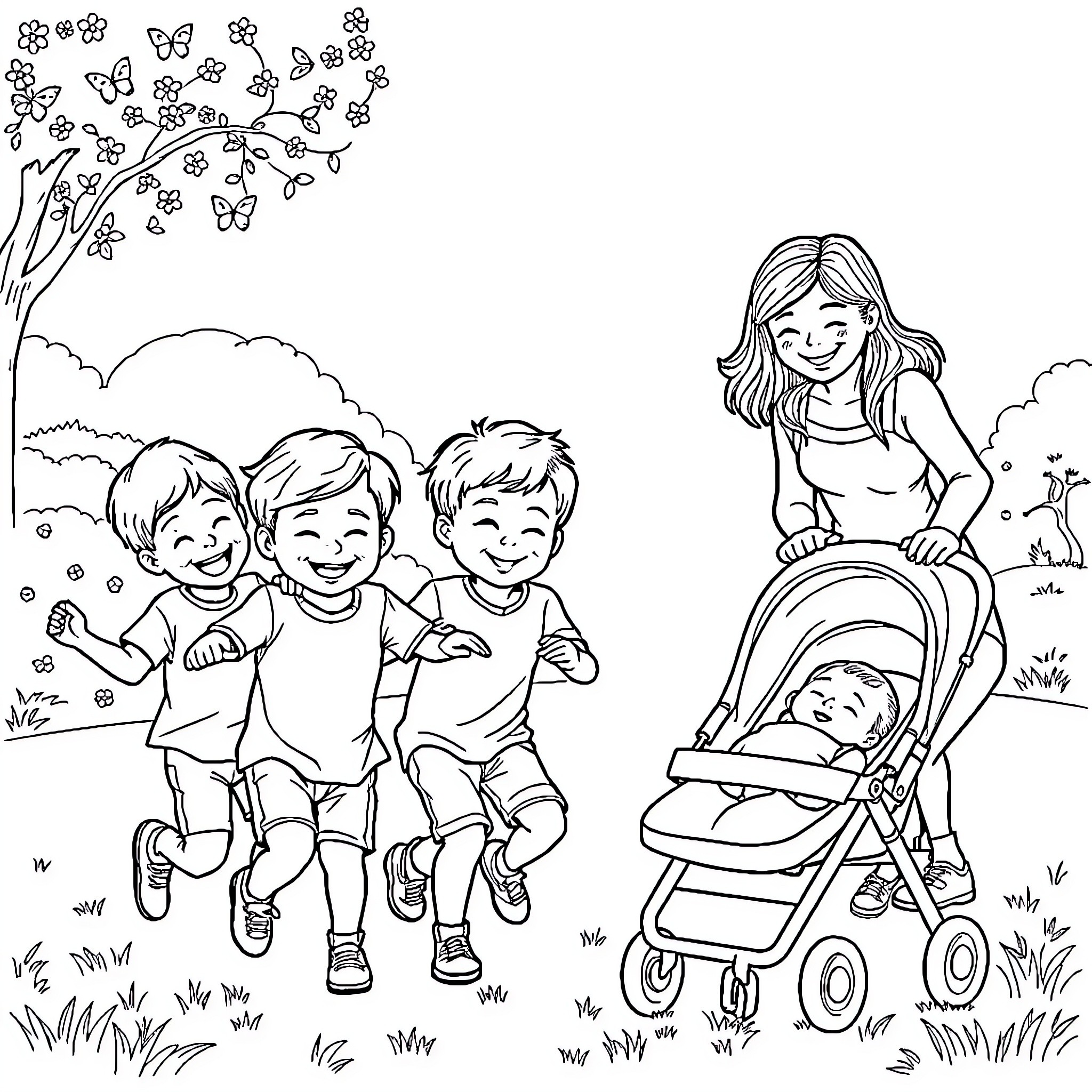 Boy and his family enjoying an outdoor walk Coloring Page (free black-and-white line drawing printable PDF for all, from beginners to advanced learners, including children, teens, adults, and seniors)