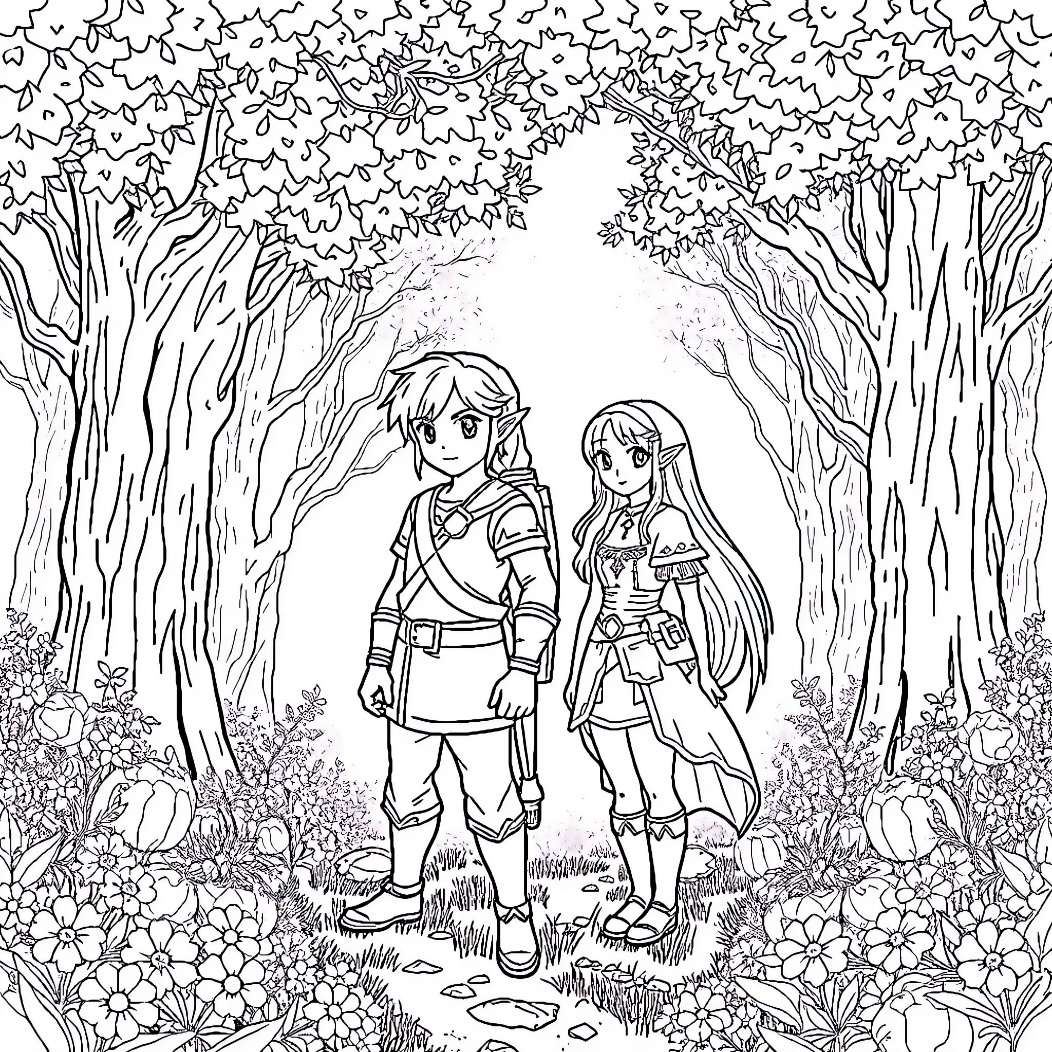 Link and Zelda exploring the enchanted forest Coloring Page (free black-and-white line drawing printable PDF for all, from beginners to advanced learners, including children, teens, adults, and seniors)