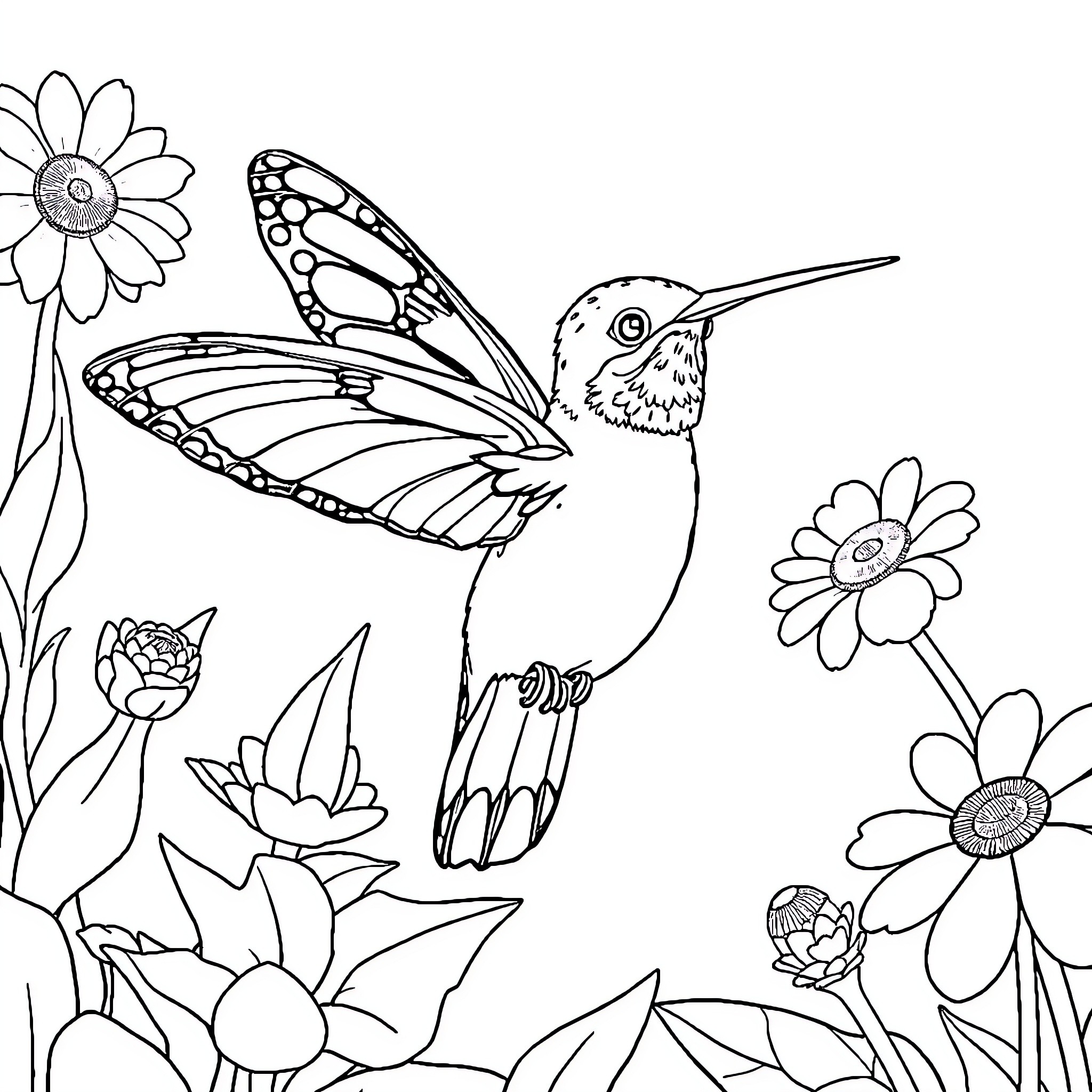 Butterfly Hovering Among Flowers Coloring Page (free black-and-white line drawing printable PDF for all, from beginners to advanced learners, including children, teens, adults, and seniors)