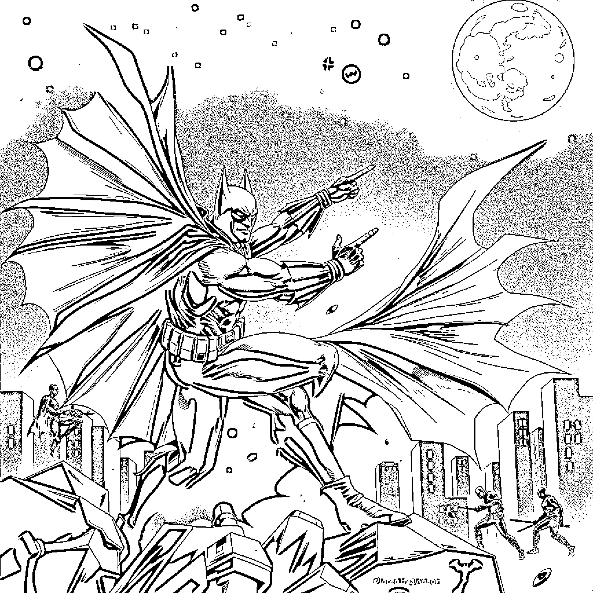 Batman flying over the city with his cape spread wide Coloring Page (free black-and-white line drawing printable PDF for all, from beginners to advanced learners, including children, teens, adults, and seniors)