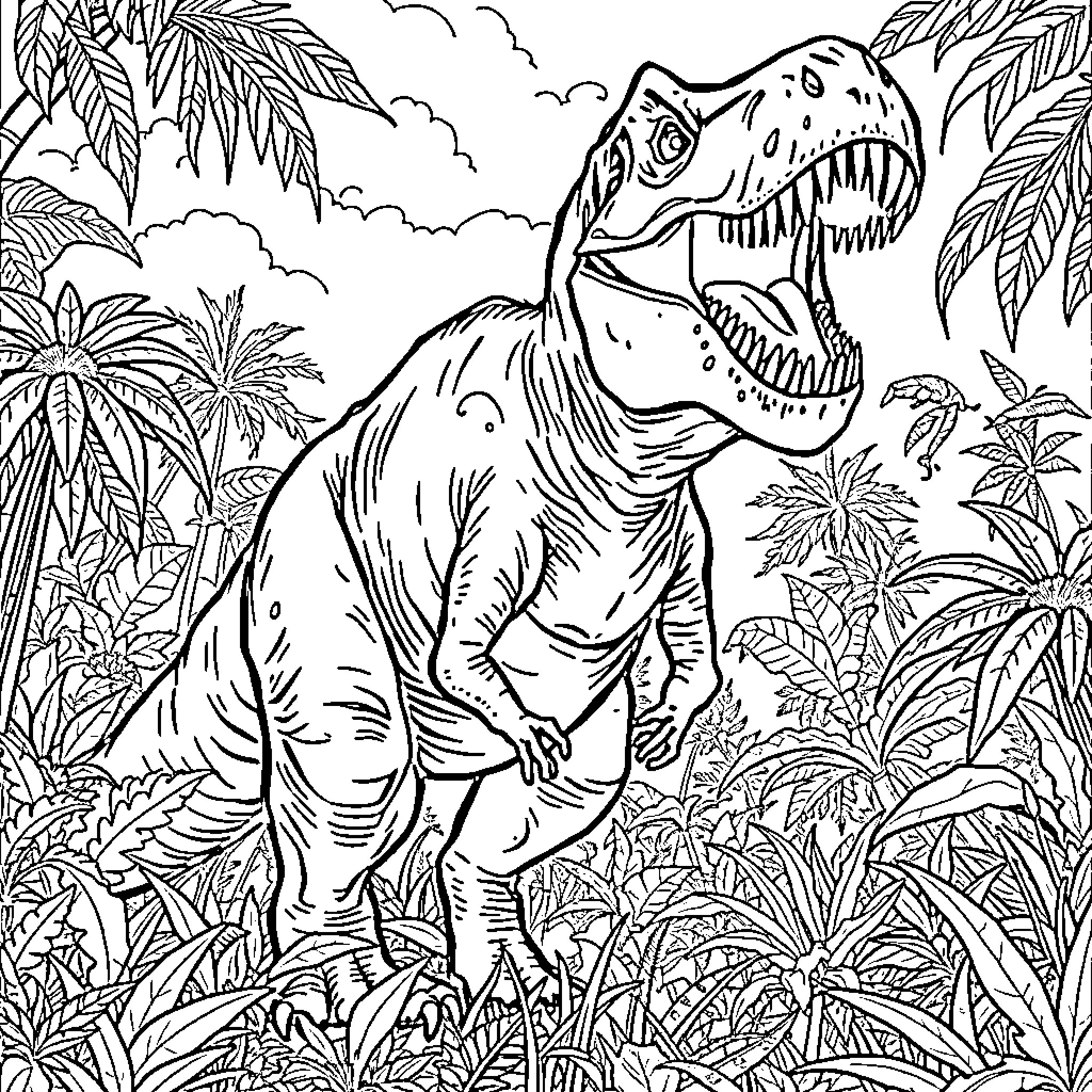 T-Rex Stomping Through Lush Jungle Landscape Coloring Page (free black-and-white line drawing printable PDF for all, from beginners to advanced learners, including children, teens, adults, and seniors)