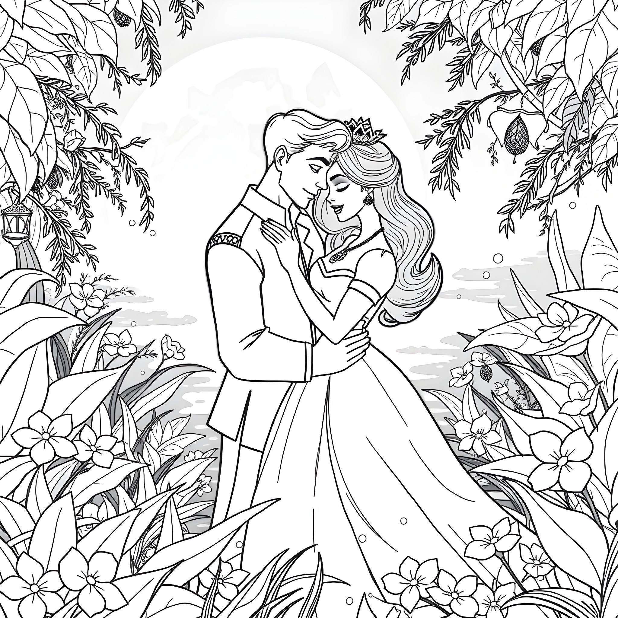 Tiana and Prince Embracing in Lush Garden Coloring Page (free black-and-white line drawing printable PDF for all, from beginners to advanced learners, including children, teens, adults, and seniors)