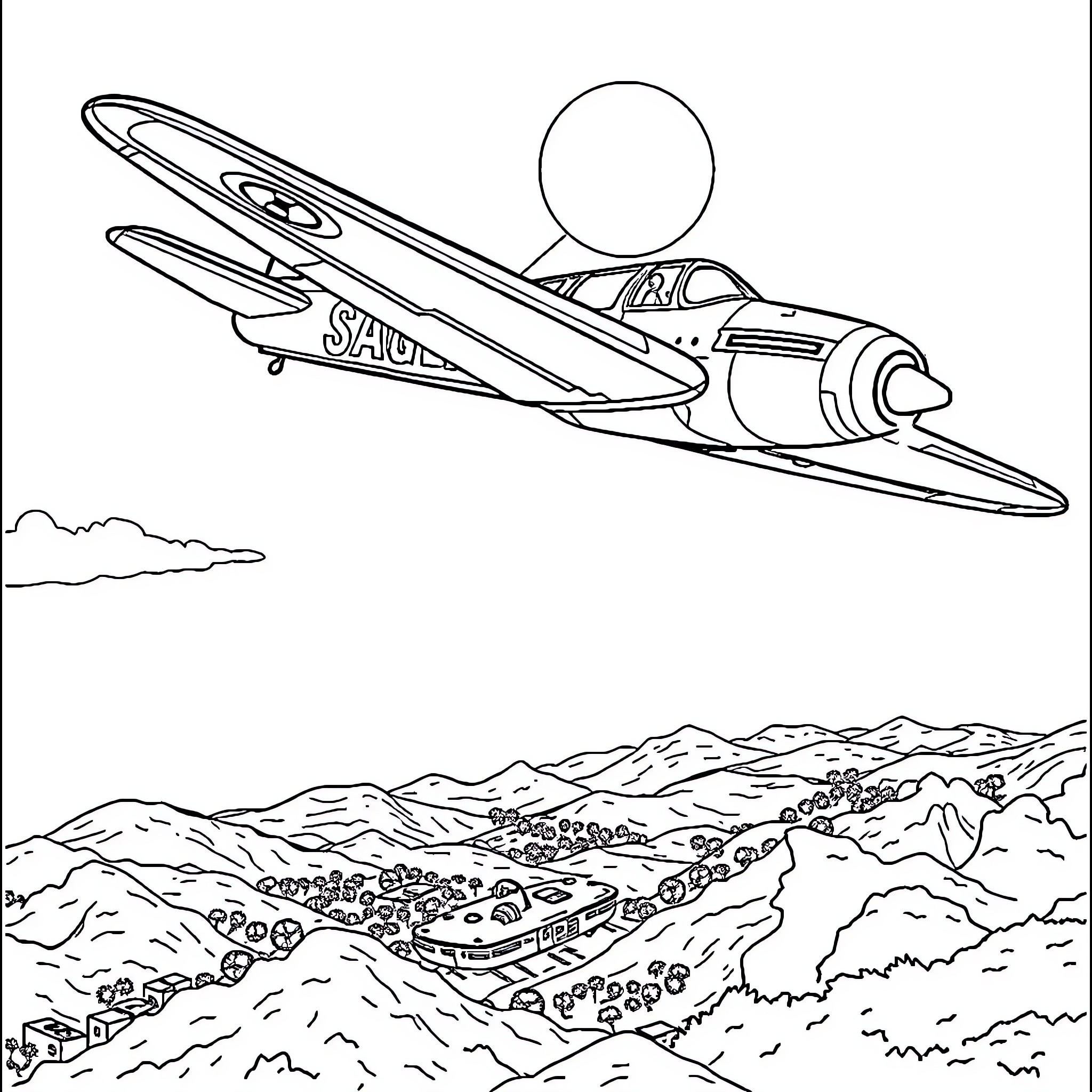 Avión planeando sobre un paisaje montañoso Coloring Page (free black-and-white line drawing printable PDF for all, from beginners to advanced learners, including children, teens, adults, and seniors)