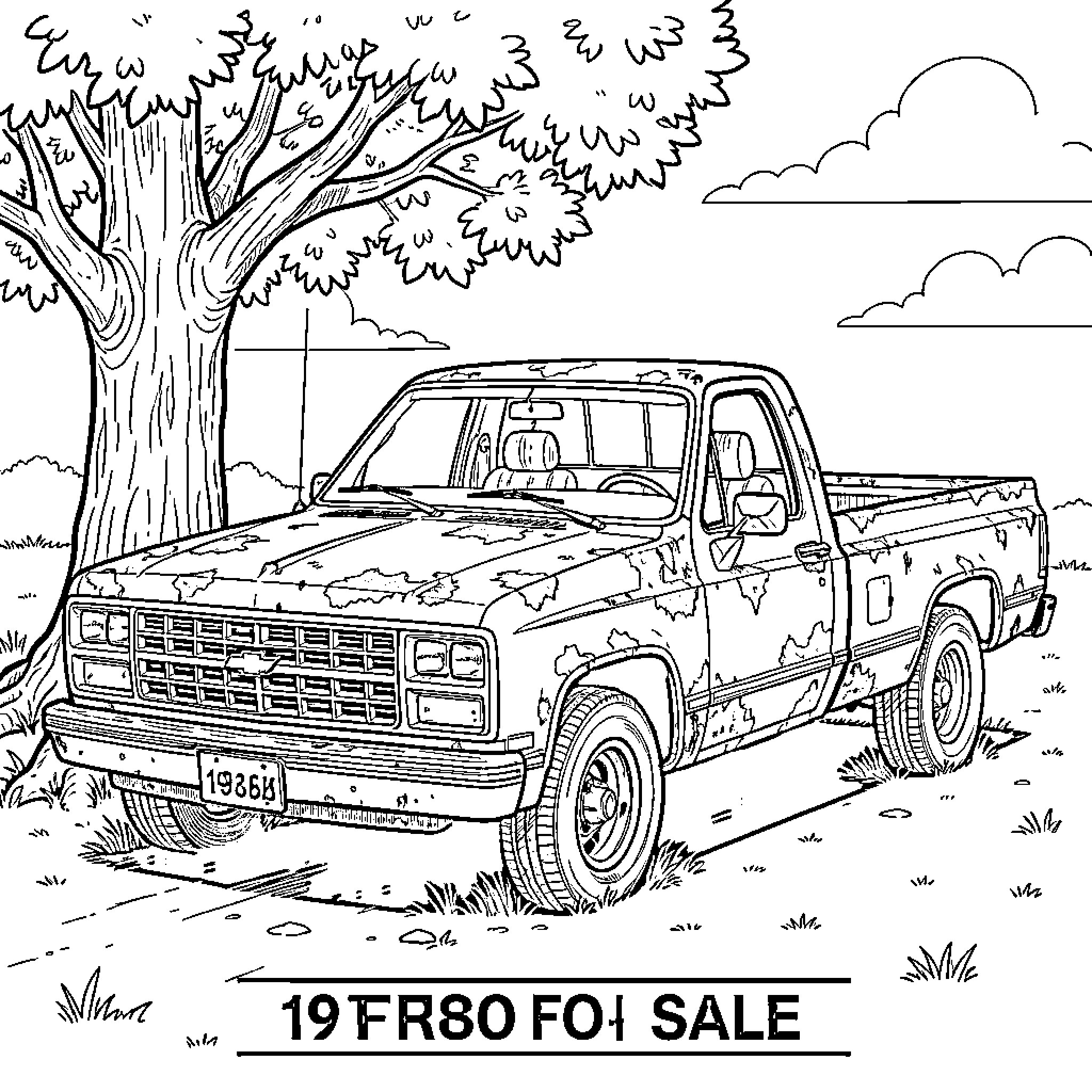Chevy Truck parked in rustic countryside scene Coloring Page (free black-and-white line drawing printable PDF for all, from beginners to advanced learners, including children, teens, adults, and seniors)