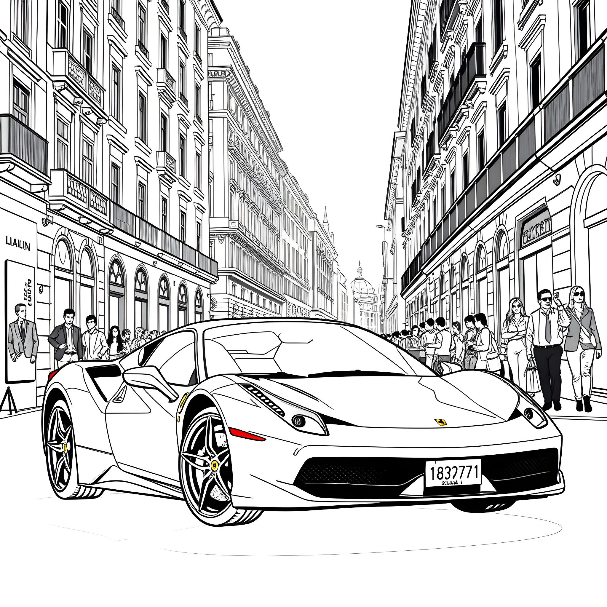 Ferrari sports car on the city street Coloring Page (free black-and-white line drawing printable PDF for all, from beginners to advanced learners, including children, teens, adults, and seniors)