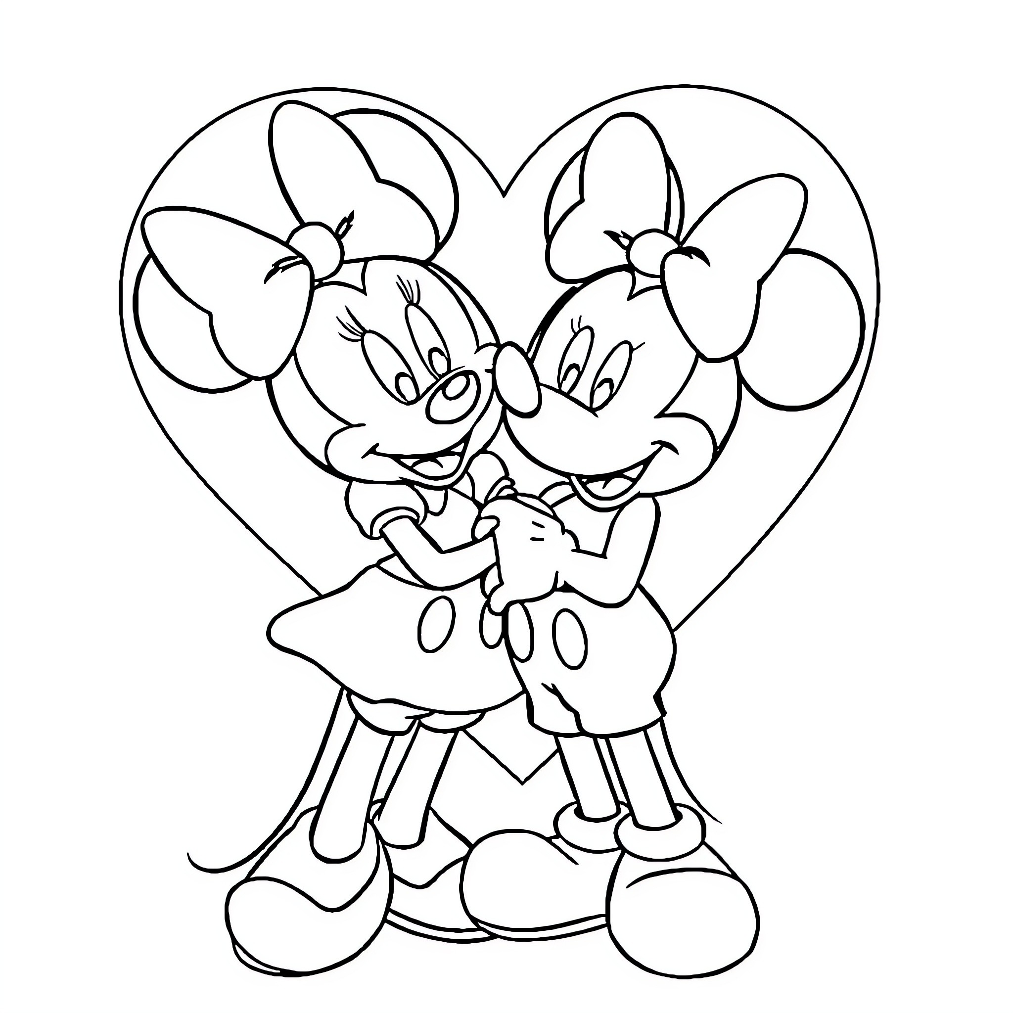 Mickey and Minnie Mouse embracing in heart-shaped frame Coloring Page (free black-and-white line drawing printable PDF for all, from beginners to advanced learners, including children, teens, adults, and seniors)