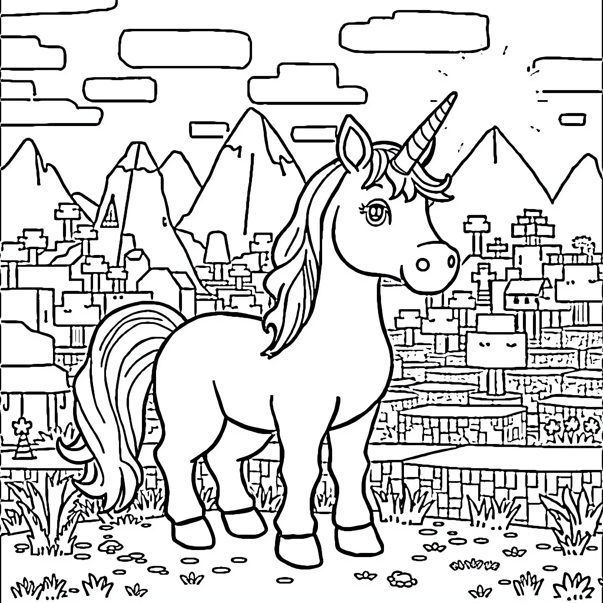Unicorn standing proudly in a fantastical landscape Coloring Page (free black-and-white line drawing printable PDF for all, from beginners to advanced learners, including children, teens, adults, and seniors)
