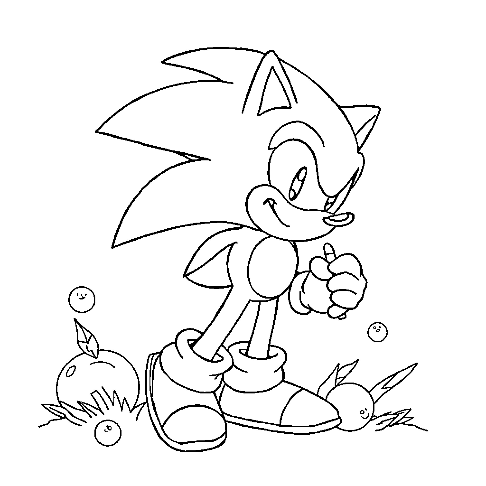 Sonic the Hedgehog playing in nature Coloring Page (free black-and-white line drawing printable PDF for all, from beginners to advanced learners, including children, teens, adults, and seniors)