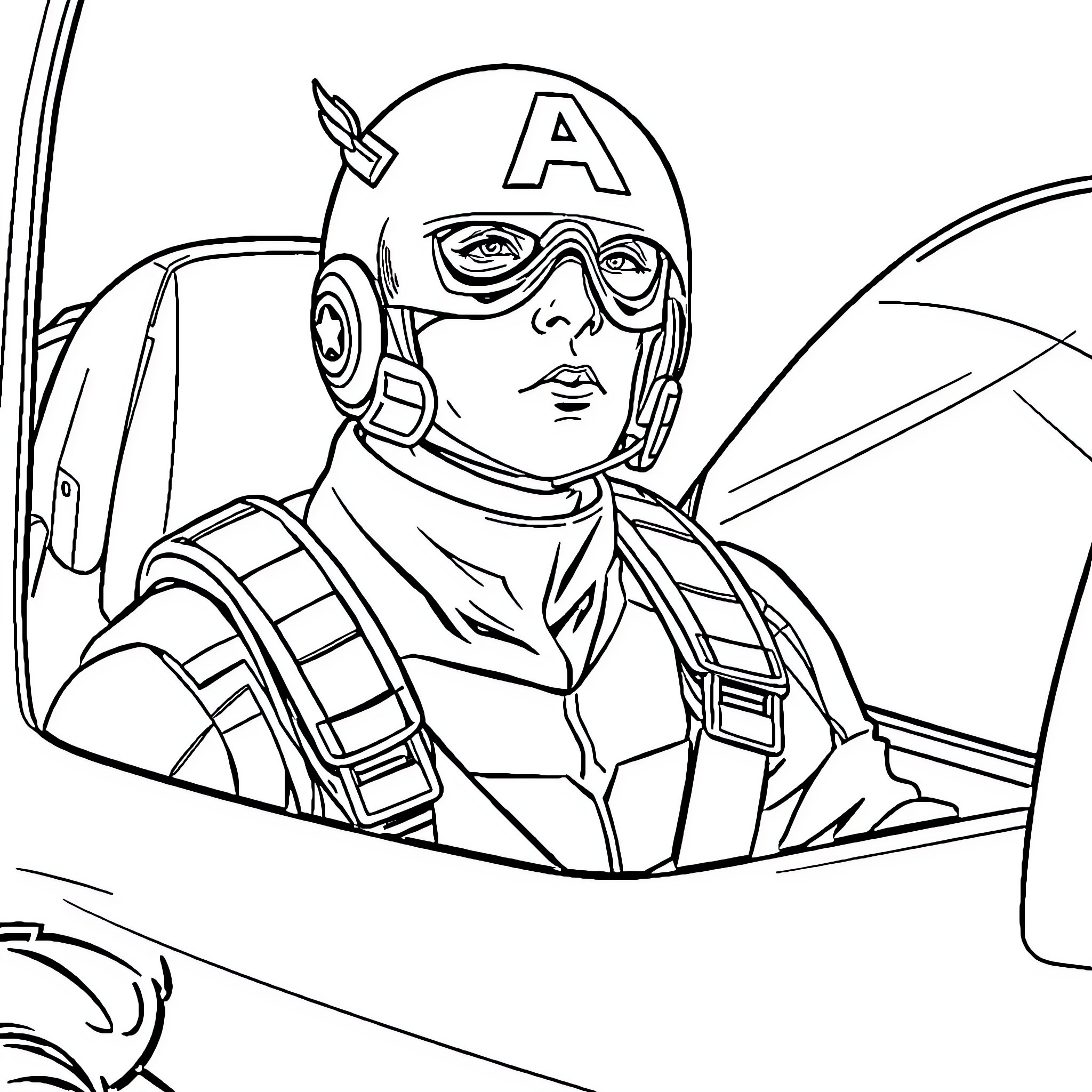Captain America in Heroic Pose in Cockpit Coloring Page (free black-and-white line drawing printable PDF for all, from beginners to advanced learners, including children, teens, adults, and seniors)