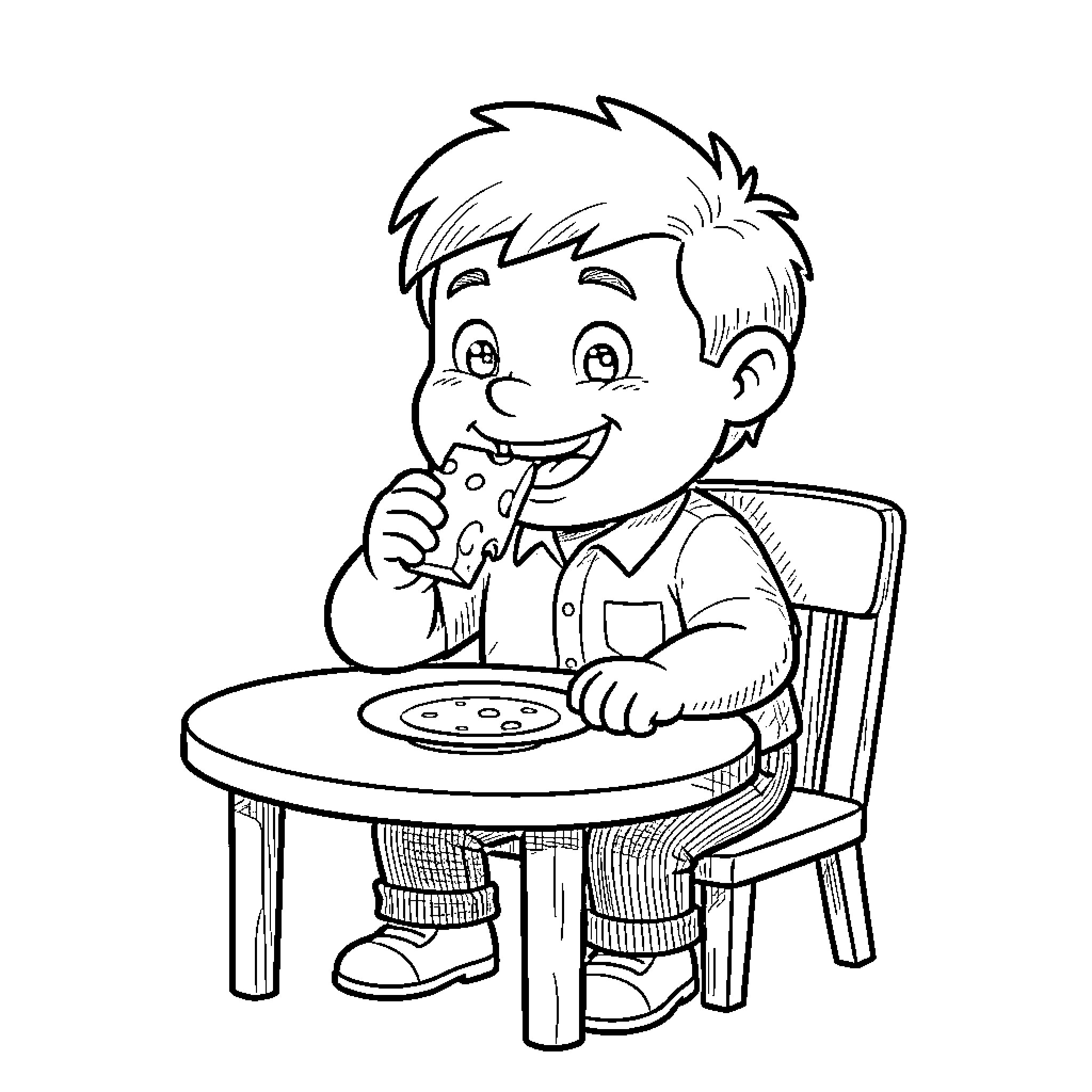 Woody sitting at a table eating a slice of pizza Coloring Page (free black-and-white line drawing printable PDF for all, from beginners to advanced learners, including children, teens, adults, and seniors)