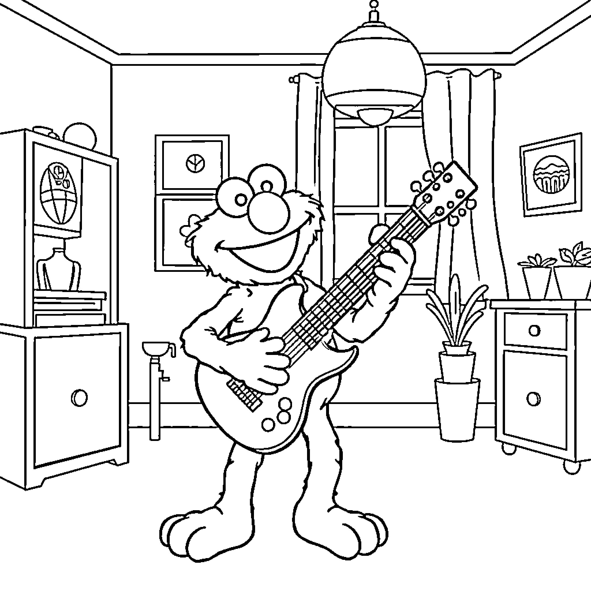 Elmo Jamming Out with Guitar in Room Coloring Page (free black-and-white line drawing printable PDF for all, from beginners to advanced learners, including children, teens, adults, and seniors)