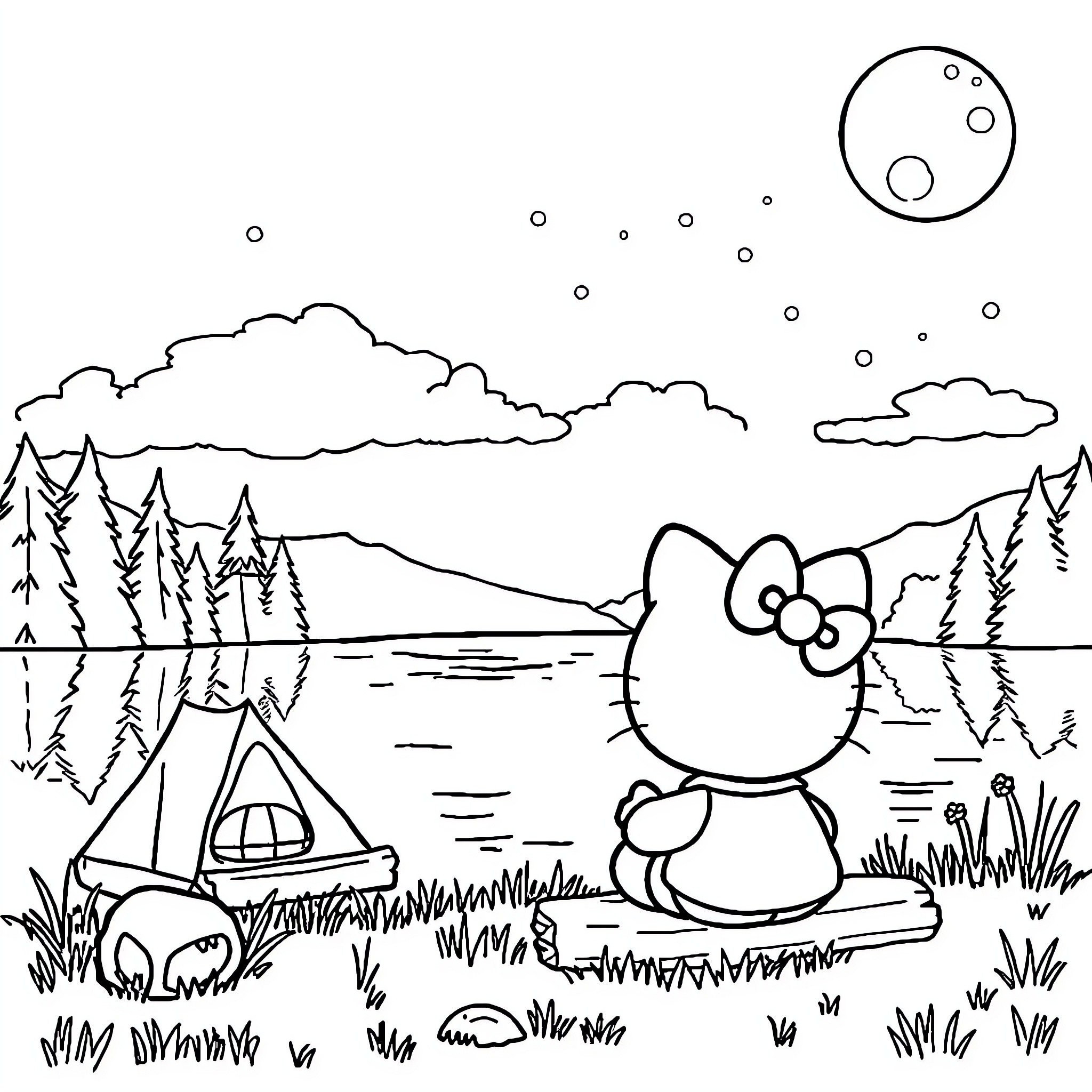 Hello Kitty enjoying a camping trip in the wilderness Coloring Page (free black-and-white line drawing printable PDF for all, from beginners to advanced learners, including children, teens, adults, and seniors)
