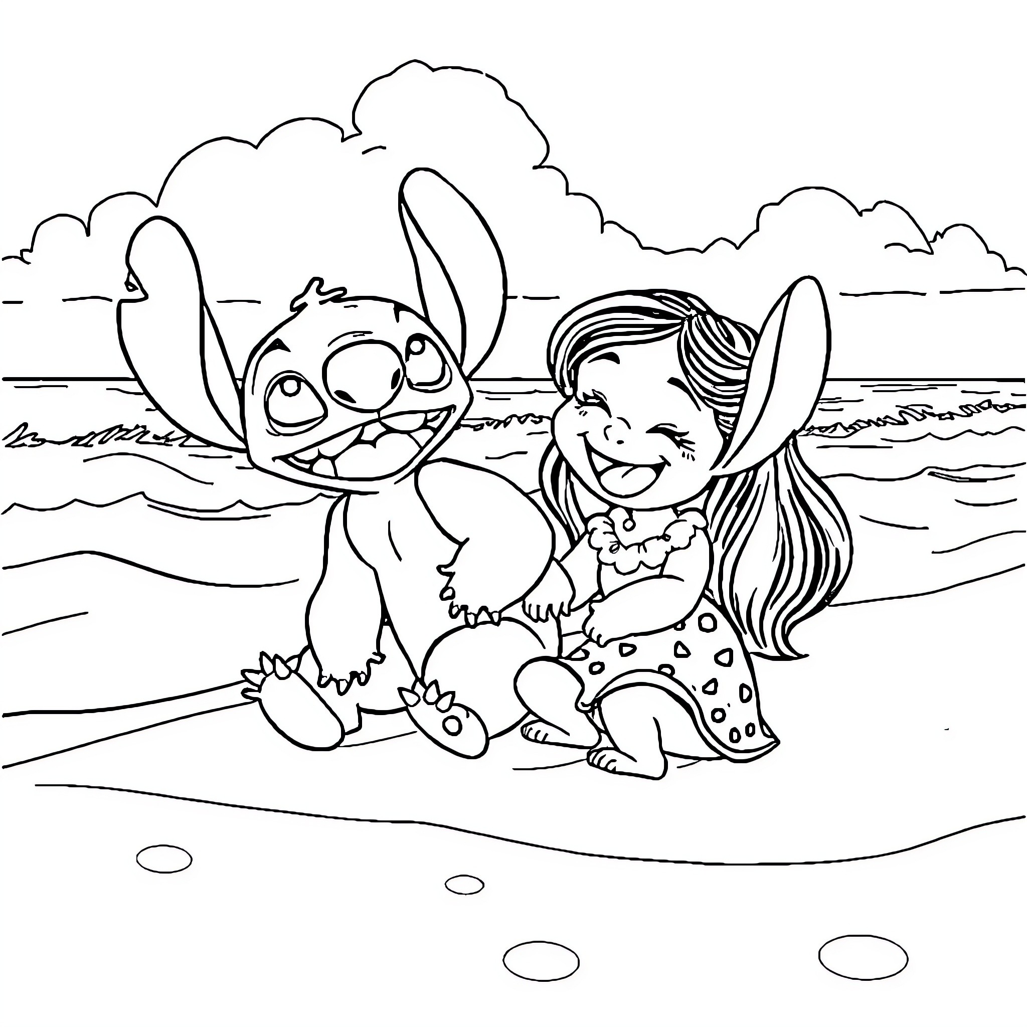 Lilo And Stitch playing together on the beach Coloring Page (free black-and-white line drawing printable PDF for all, from beginners to advanced learners, including children, teens, adults, and seniors)