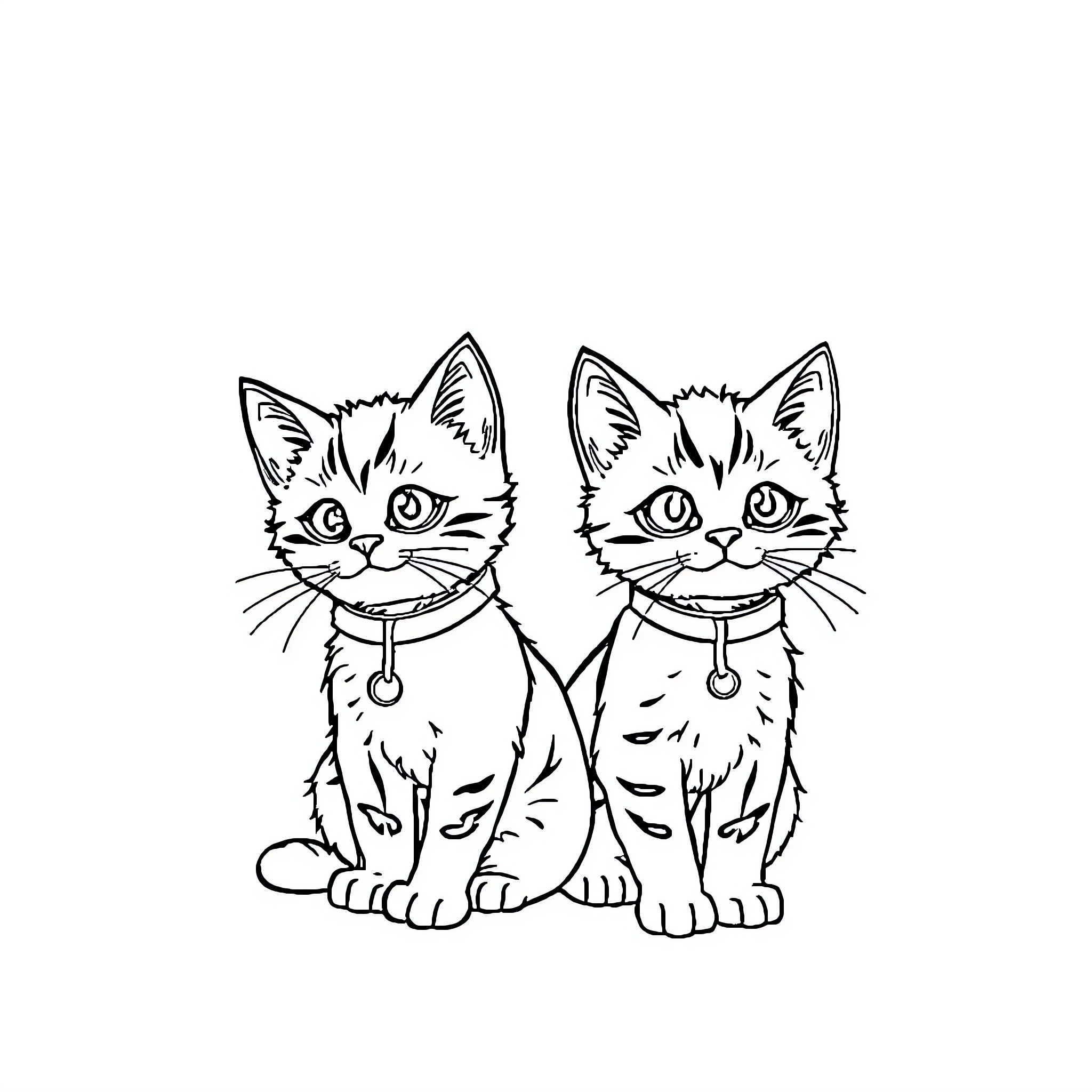 Kittens wearing collars and sitting together Coloring Page (free black-and-white line drawing printable PDF for all, from beginners to advanced learners, including children, teens, adults, and seniors)