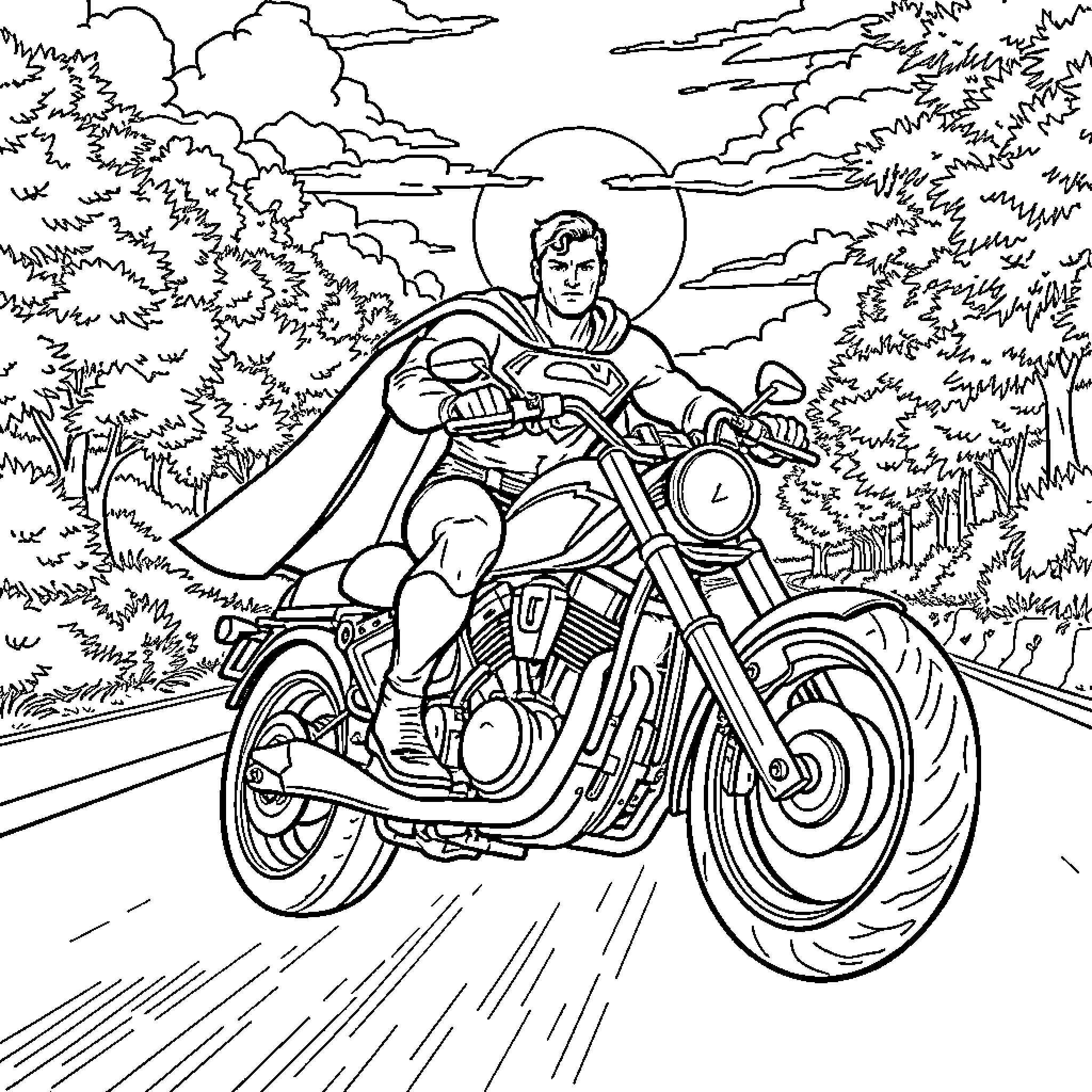 Superman riding a powerful motorcycle through the countryside Coloring Page (free black-and-white line drawing printable PDF for all, from beginners to advanced learners, including children, teens, adults, and seniors)